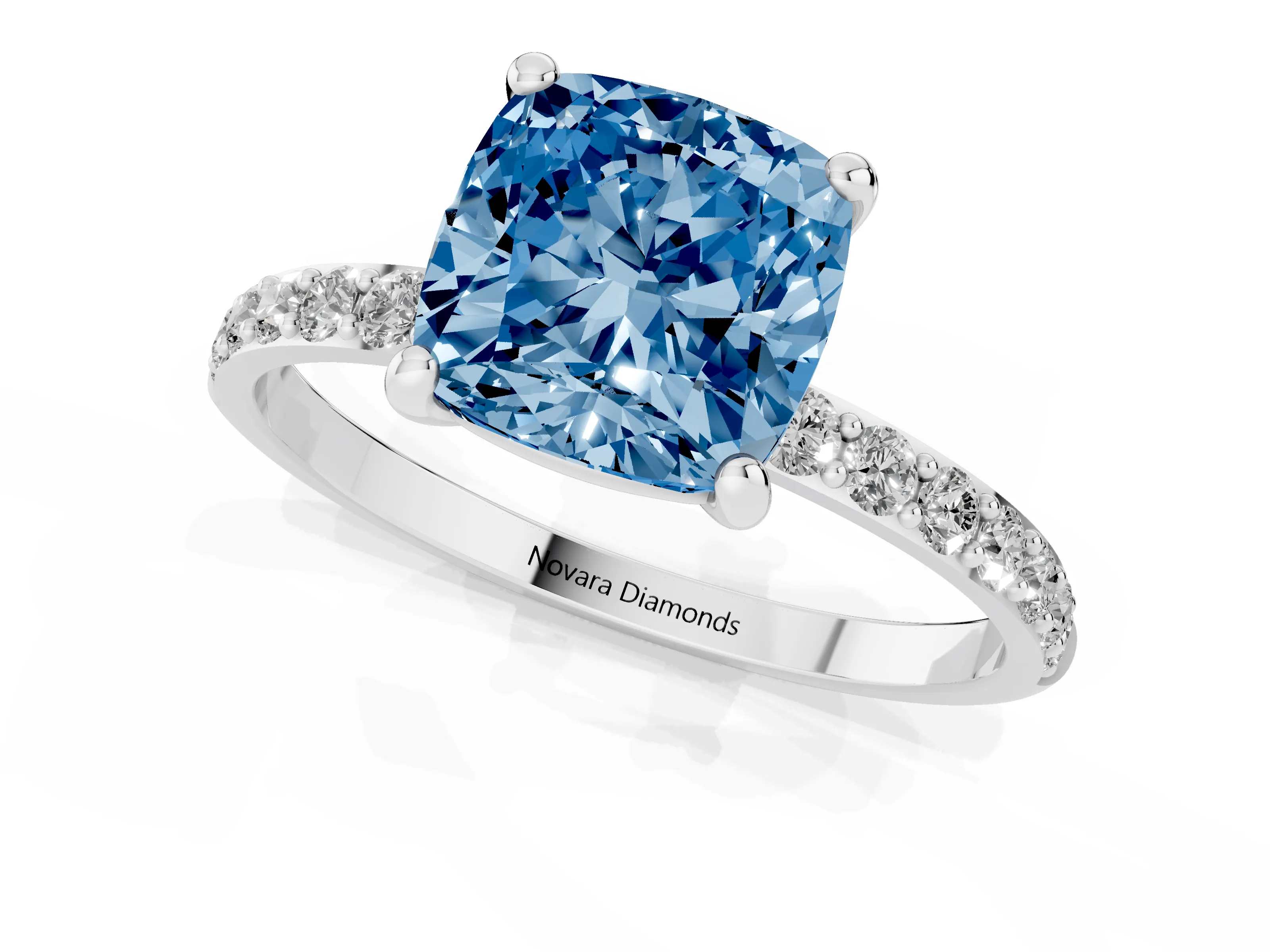 Fancy Blue Cushion Cut Diamond Solitaire Ring Set in Platinum with Round Pavé Band and Prong Setting