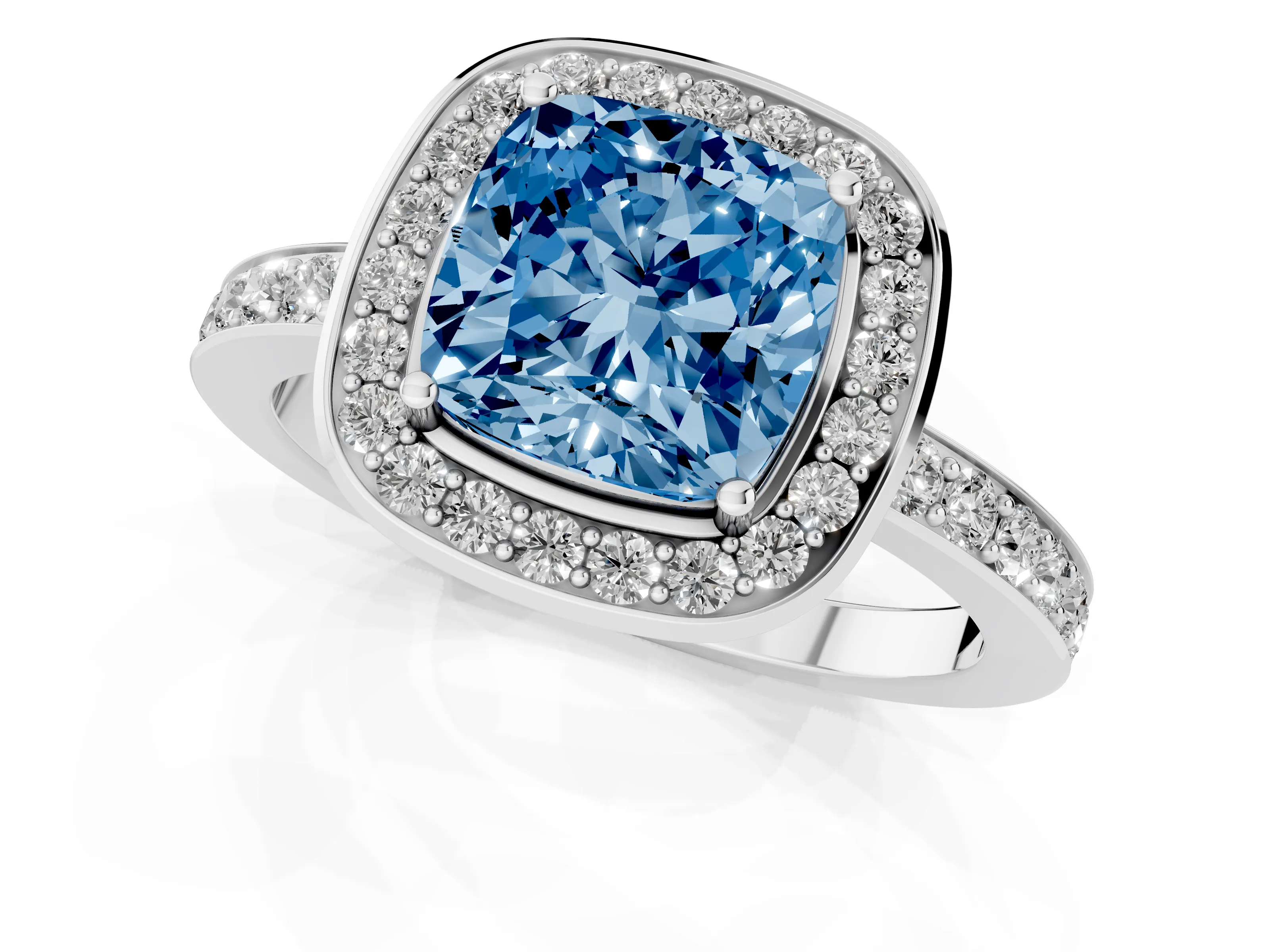 Fancy Blue Cushion Cut Diamond Halo Ring Set in Silver with Bezel Frame and Pavé Band