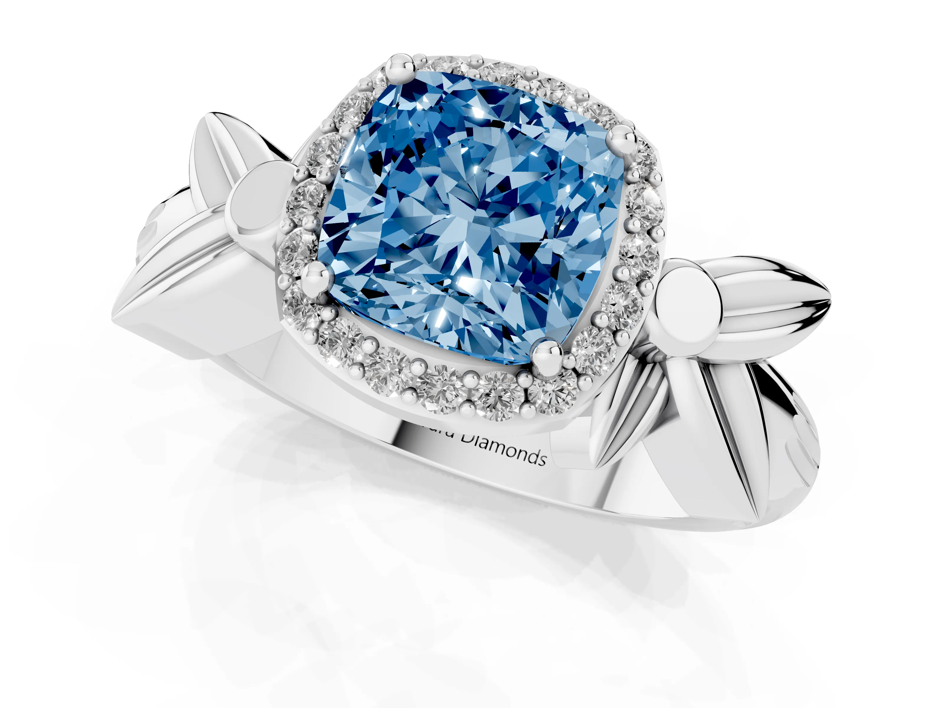Fancy Blue Cushion Cut Diamond Halo Floral Band Ring Set in White gold with Prong Setting