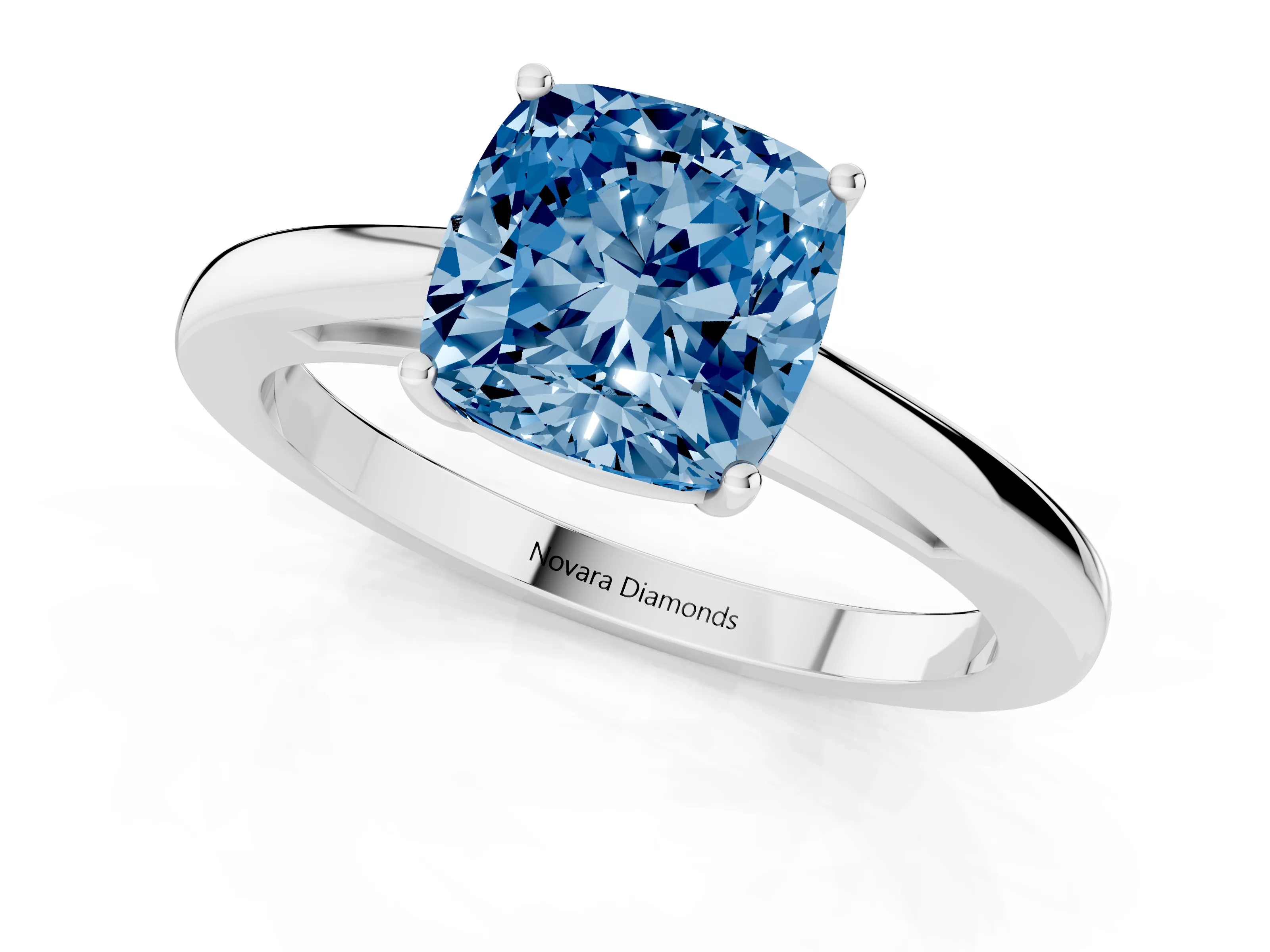 Fancy Blue Cushion Cut Diamond Solitaire Ring Set in Silver with Split Shank and Prong Setting