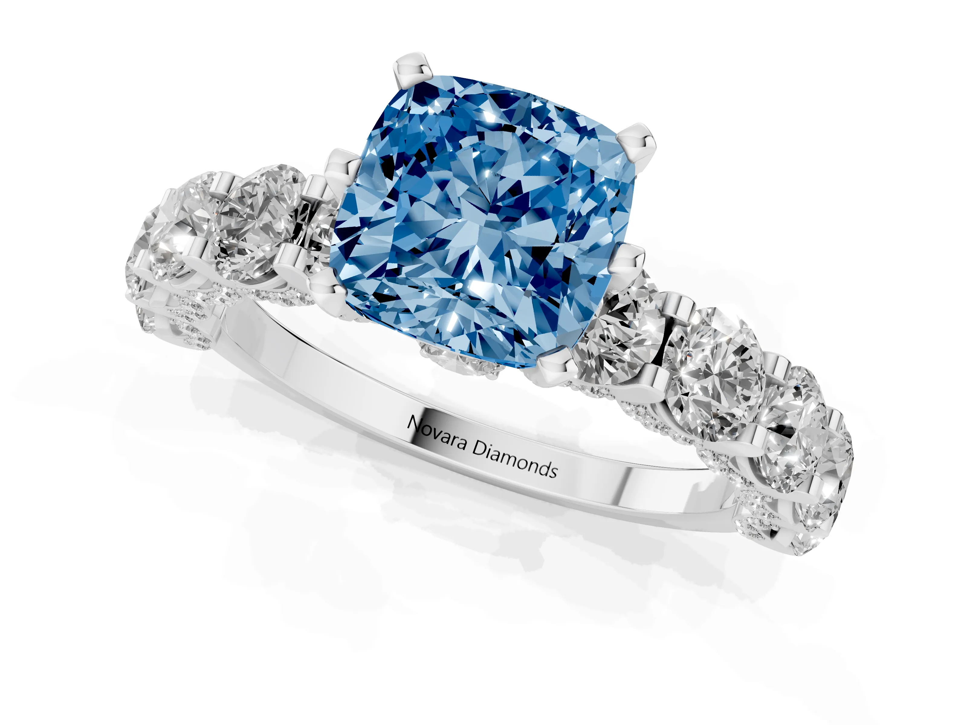 Fancy Blue Cushion Cut Diamond Side Stone Ring Set in Platinum with Alternating Round and Oval Side Stones – second view