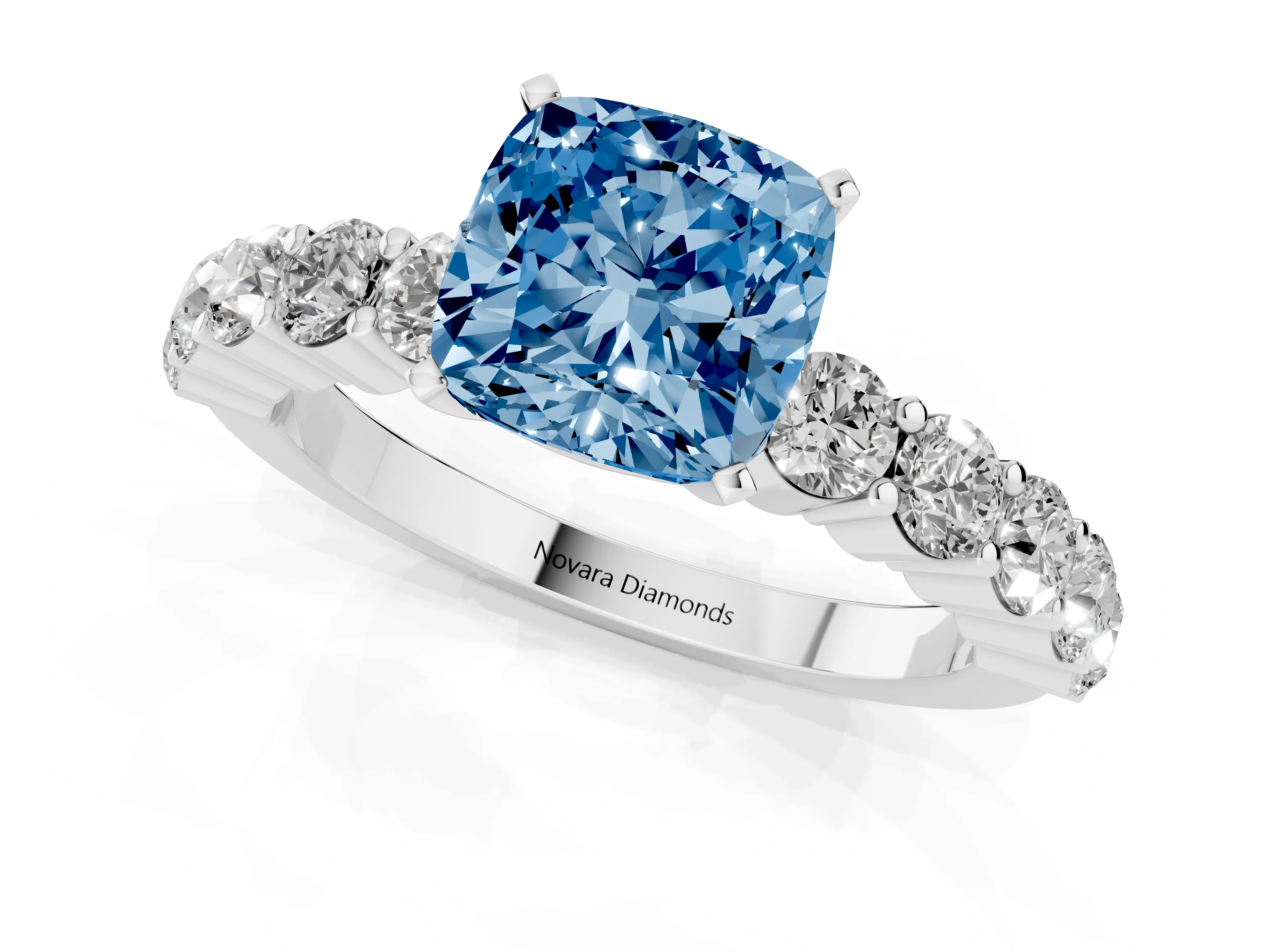 Fancy Blue Cushion Cut Diamond Solitaire Ring Set in White gold with Shared Prong Round Side Stones