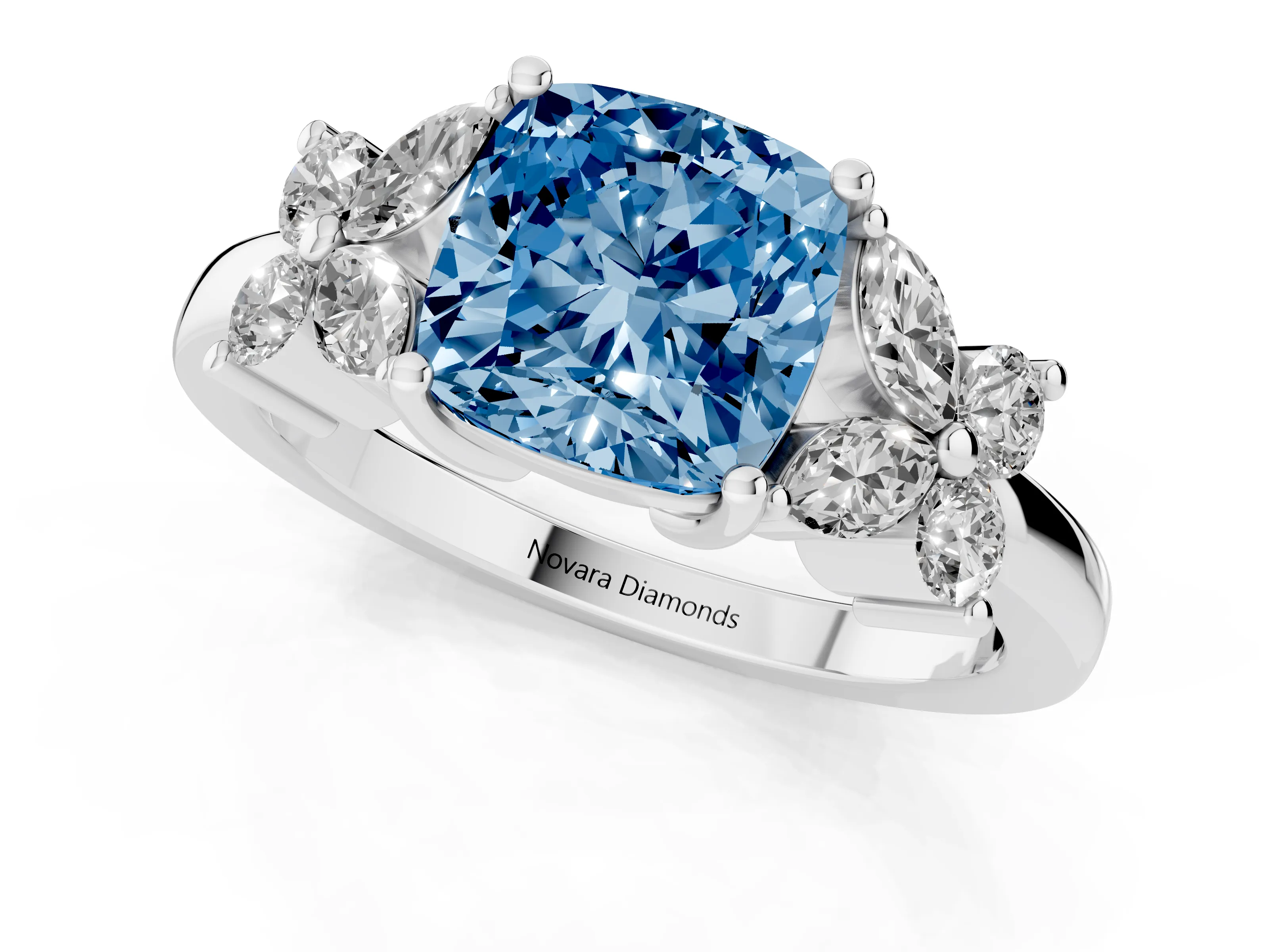 Fancy Blue Cushion Cut Diamond Floral Cluster Ring Set in Silver with Marquise Petals and Prong Setting