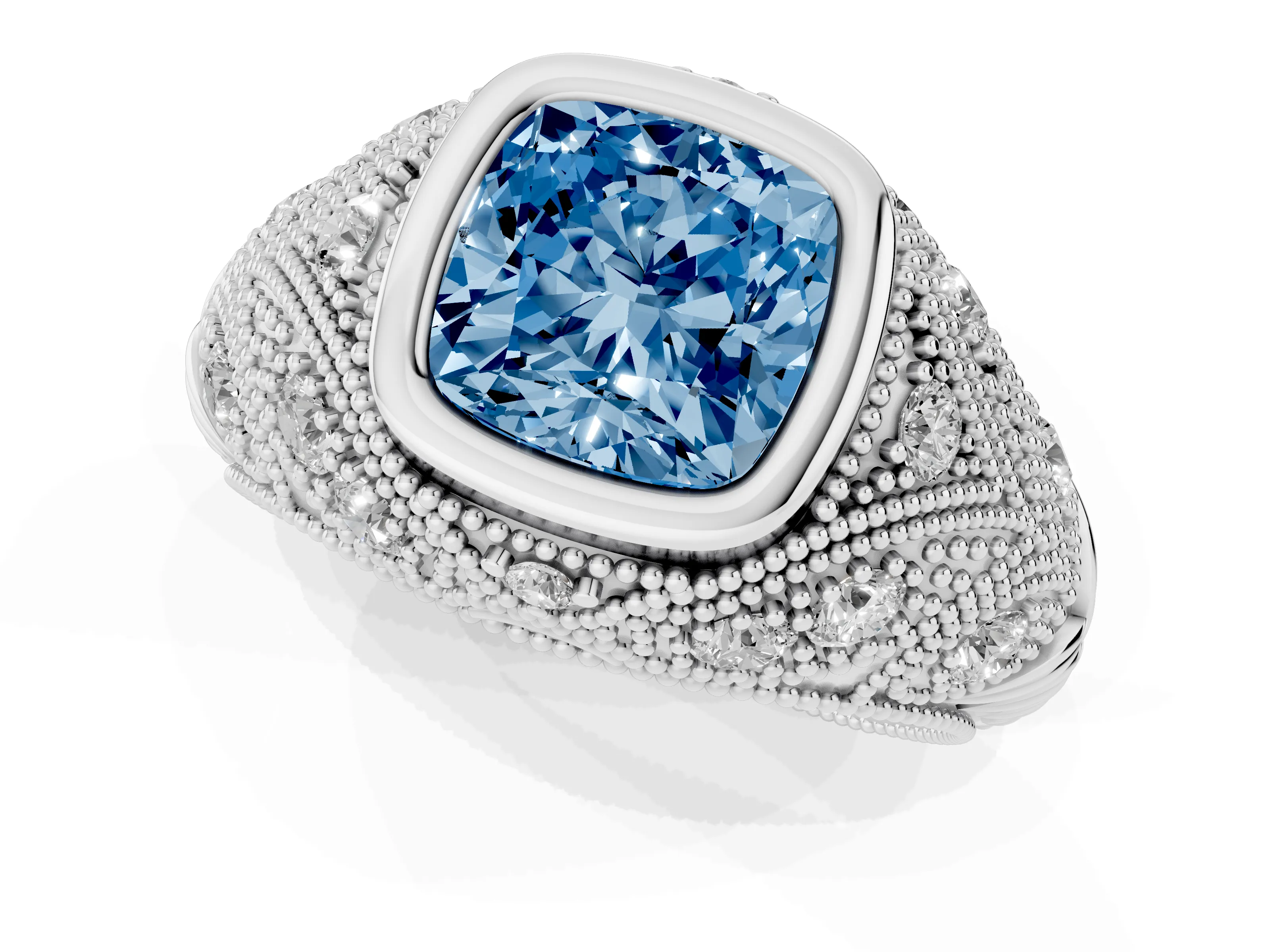 Fancy Blue Cushion Cut Diamond Bezel Ring Set in Silver with Milgrain Accent Band