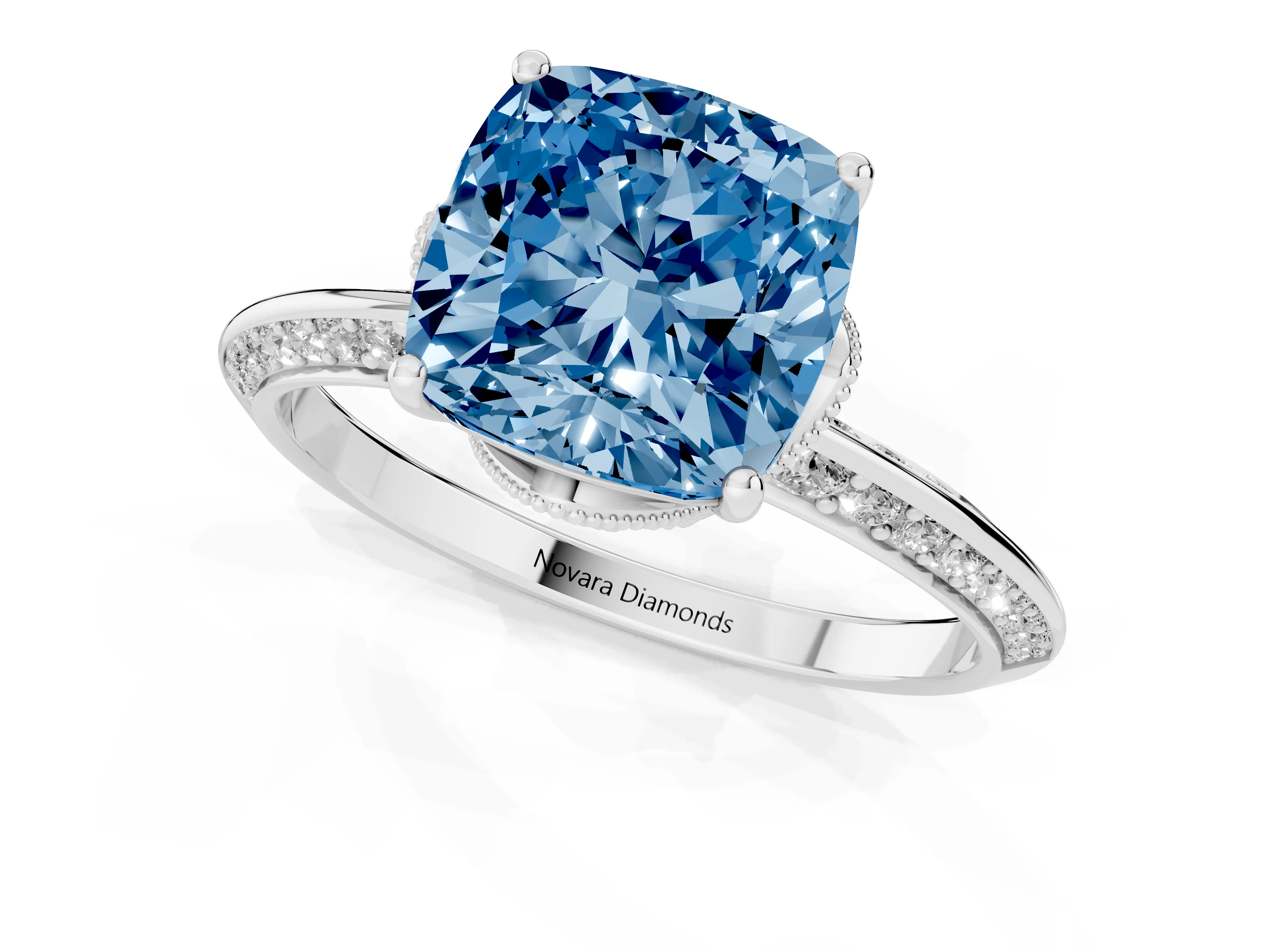 Fancy Blue Cushion Cut Diamond Solitaire Engagement Ring Set in Platinum with Pavé Split Shank and Prong Setting