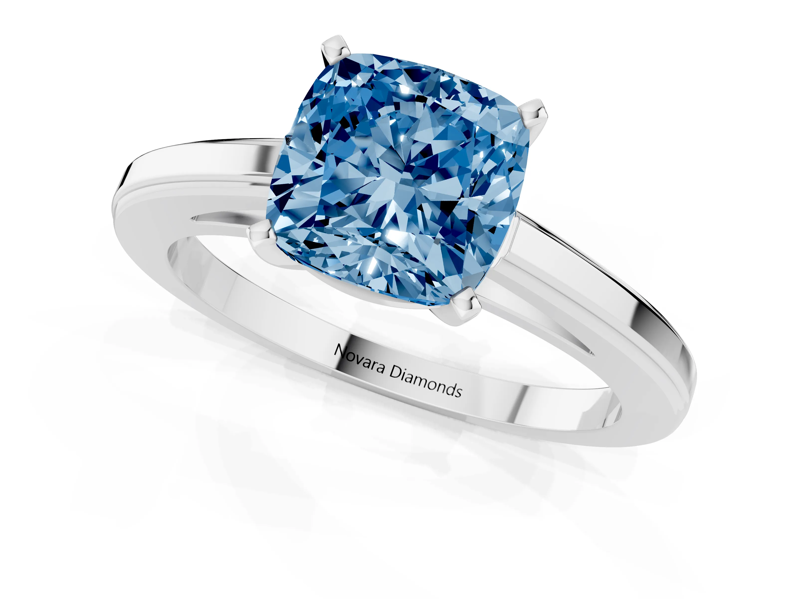 Fancy Blue Cushion Cut Diamond Solitaire Ring Set in Platinum with Prong Setting and Classic Band