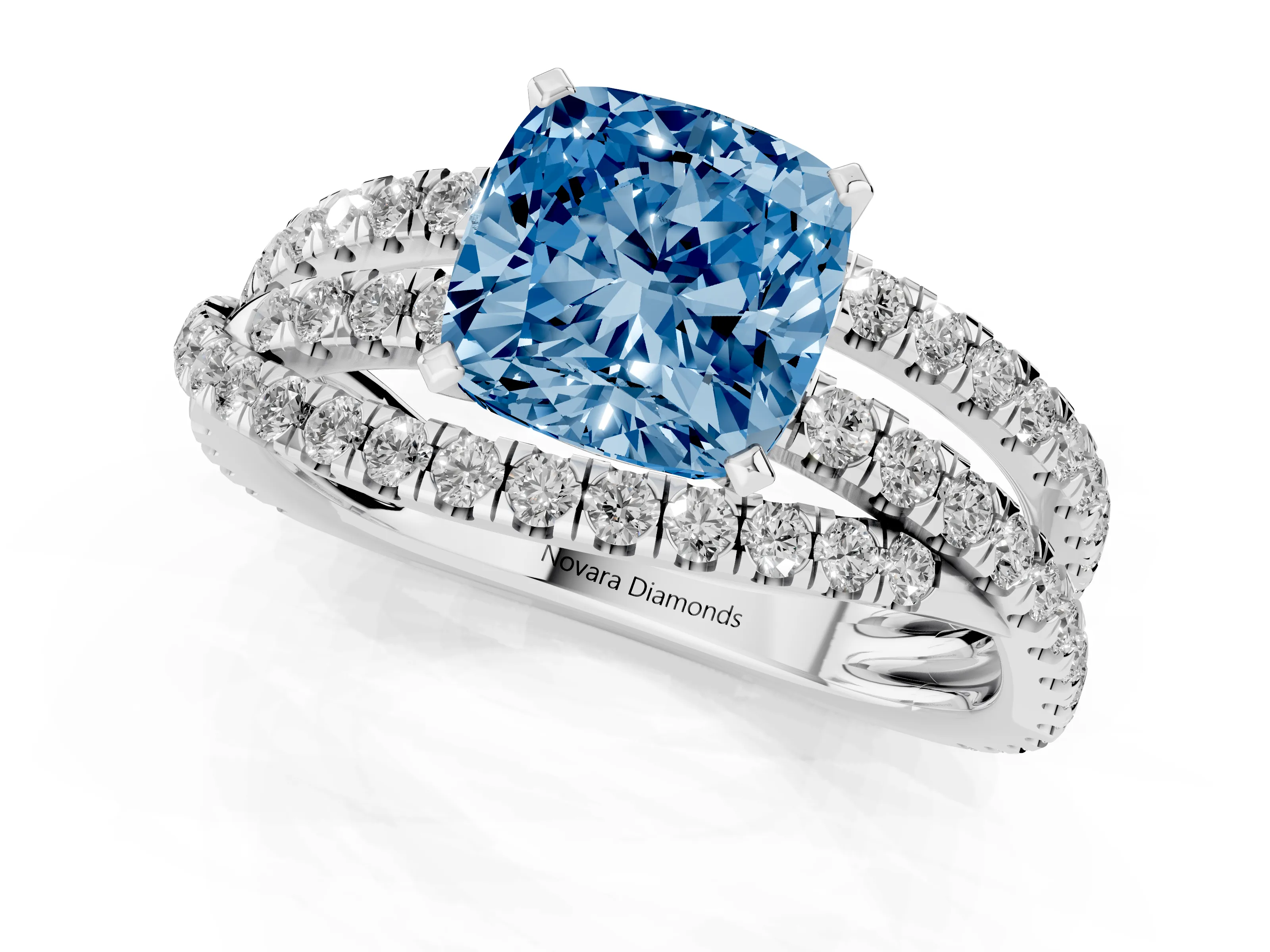 Fancy Blue Cushion Cut Diamond Solitaire Twist Band Ring Set in Silver with Pavé Setting and Prong Head