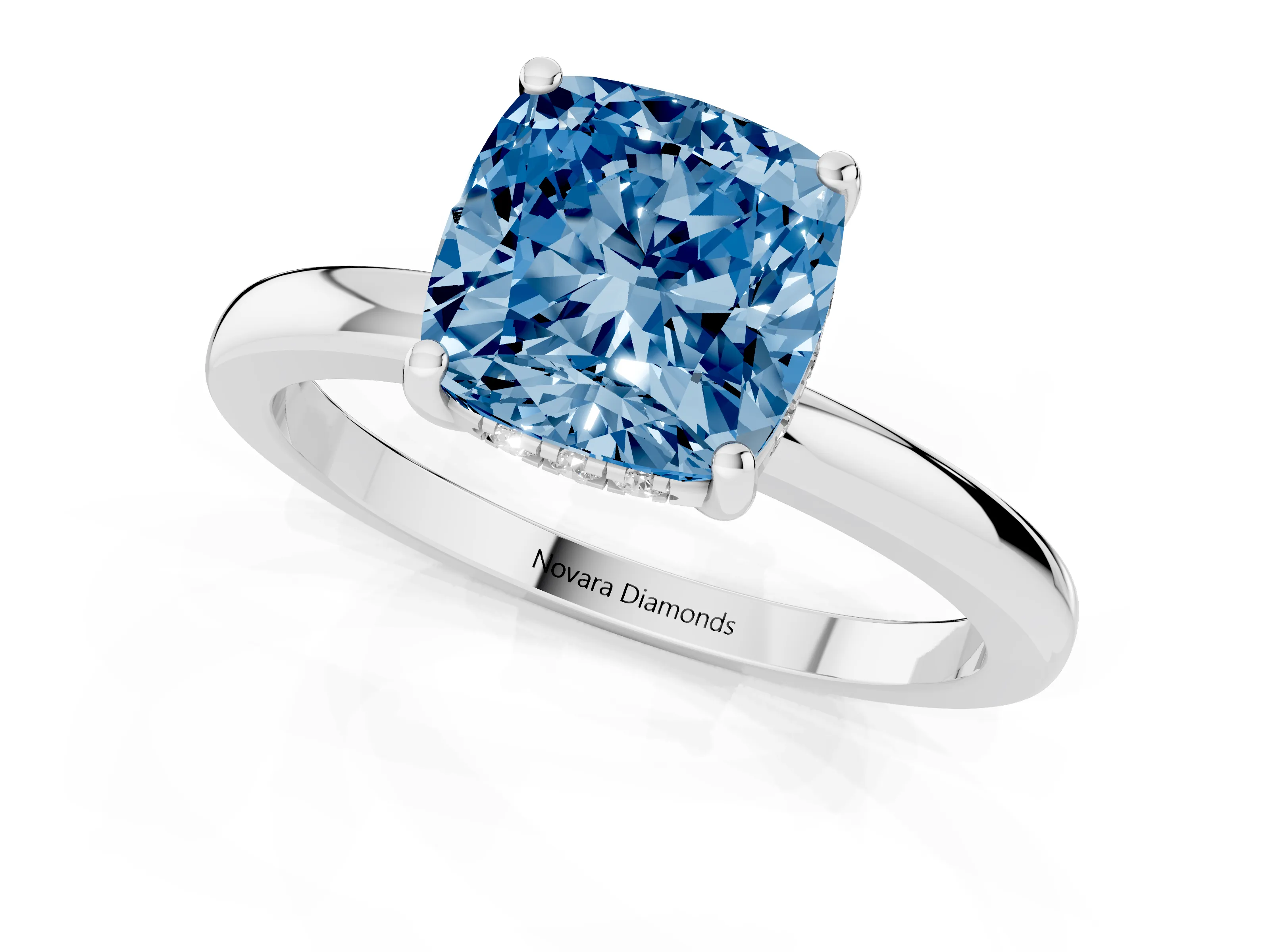 Fancy Blue Cushion Cut Diamond Solitaire Ring Set in Platinum with Plain Band and Prong Setting