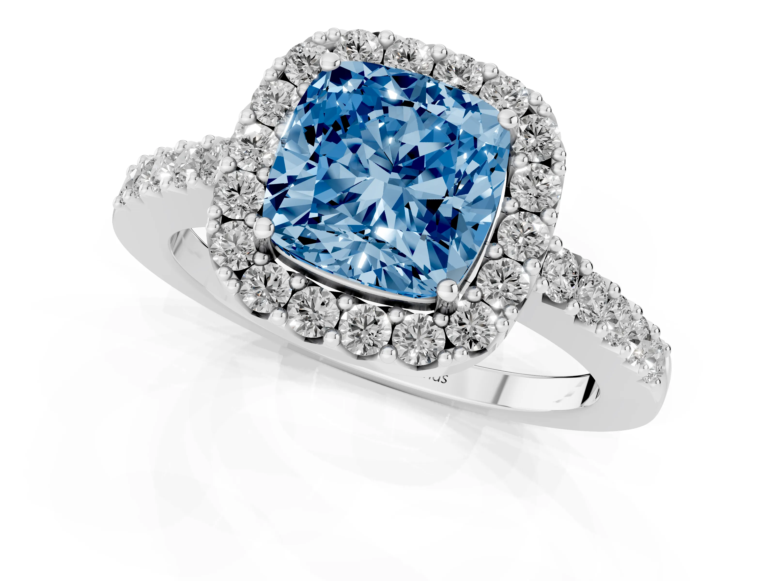Fancy Blue Cushion Cut Diamond Halo Pavé Solitaire Ring Set in Platinum with Prong-Set Center Stone
