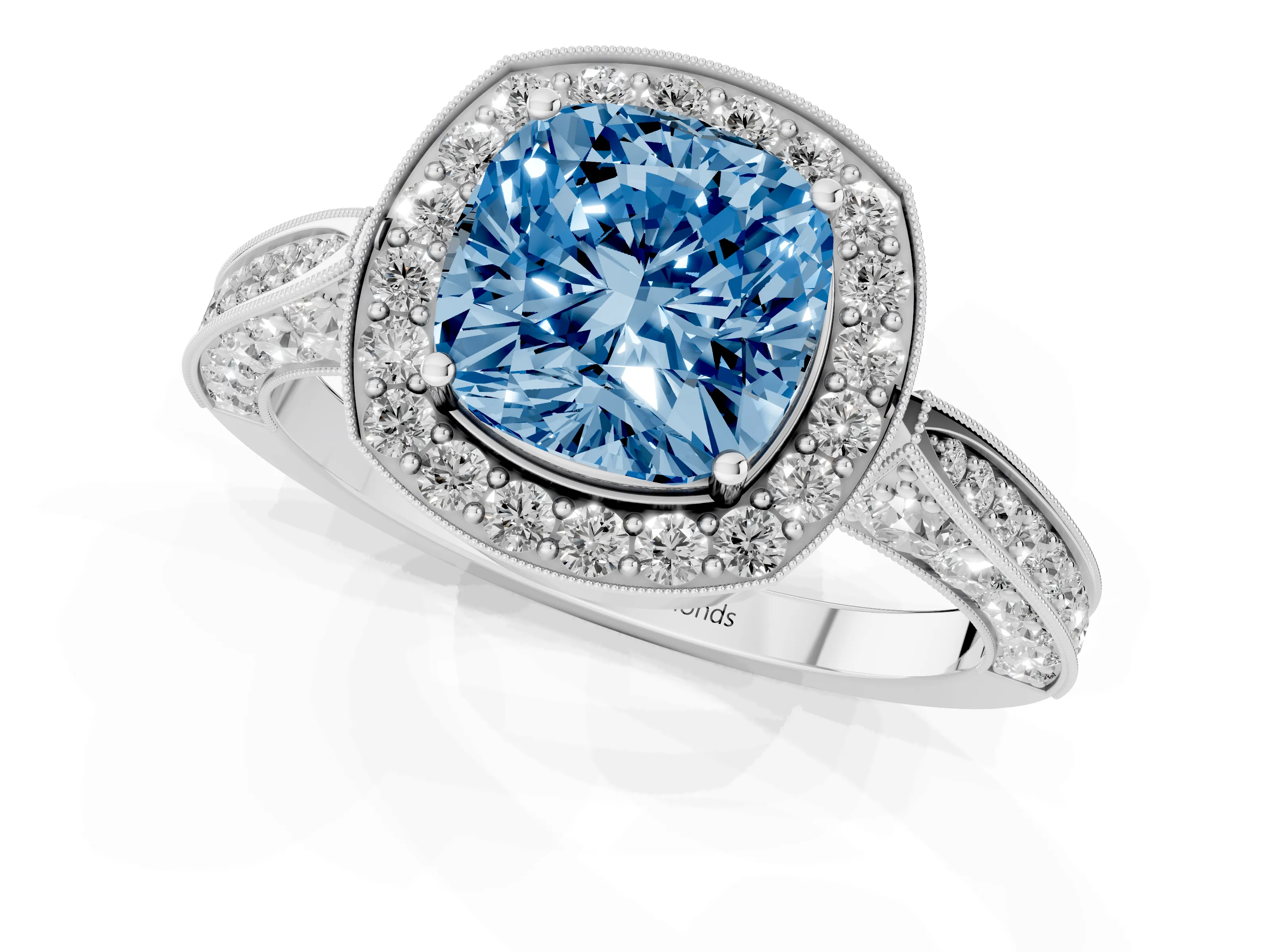 Fancy Blue Cushion Cut Diamond Halo Engagement Ring Set in White gold with Accent Split Shank Band