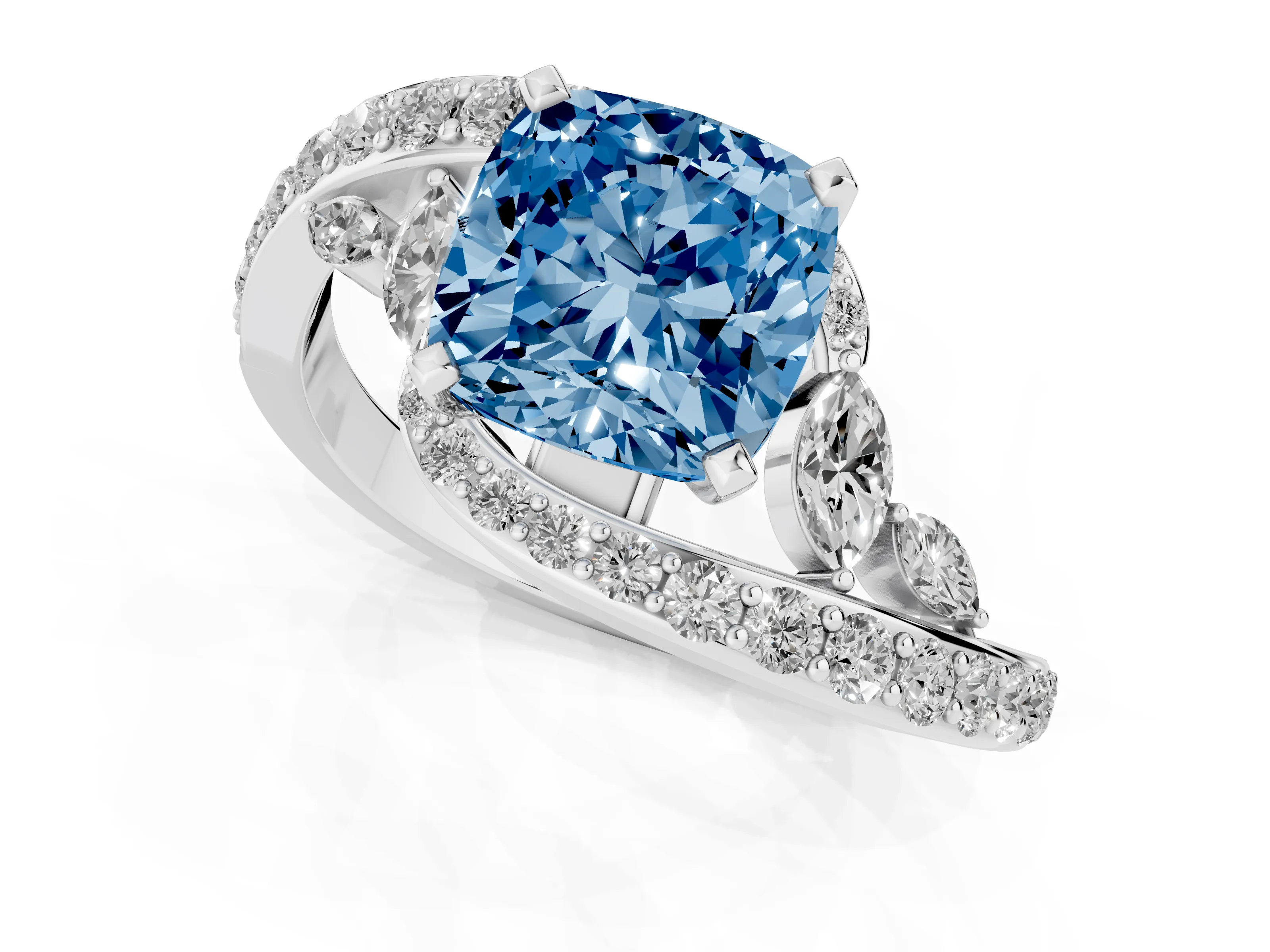 Fancy Blue Cushion Cut Diamond Solitaire Ring Set in White gold with Pavé Twist Band and Secure Prong Setting
