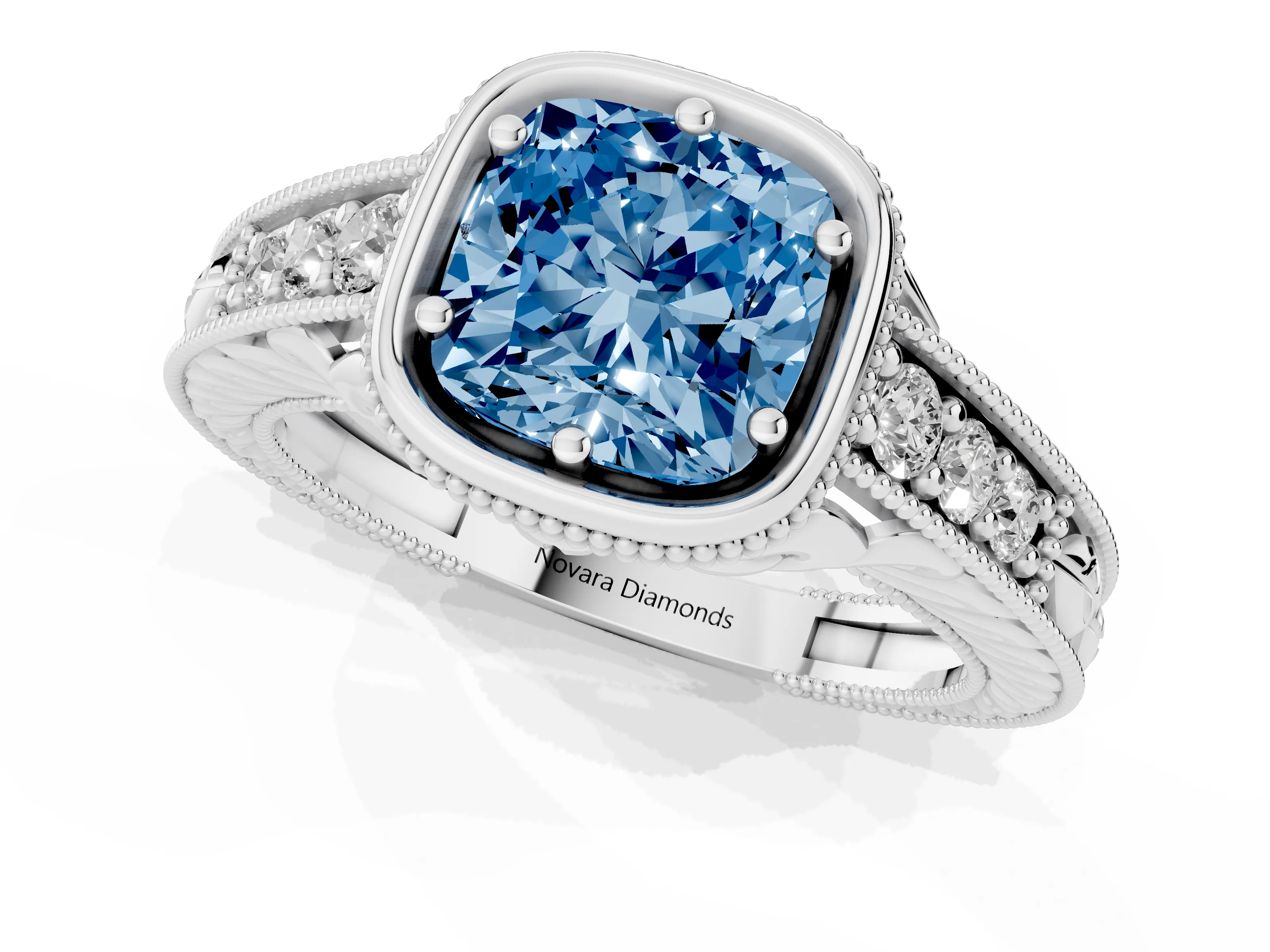 Fancy Blue Bezel Set Cushion Cut Diamond Milgrain Pavé Engagement Ring Set in White gold