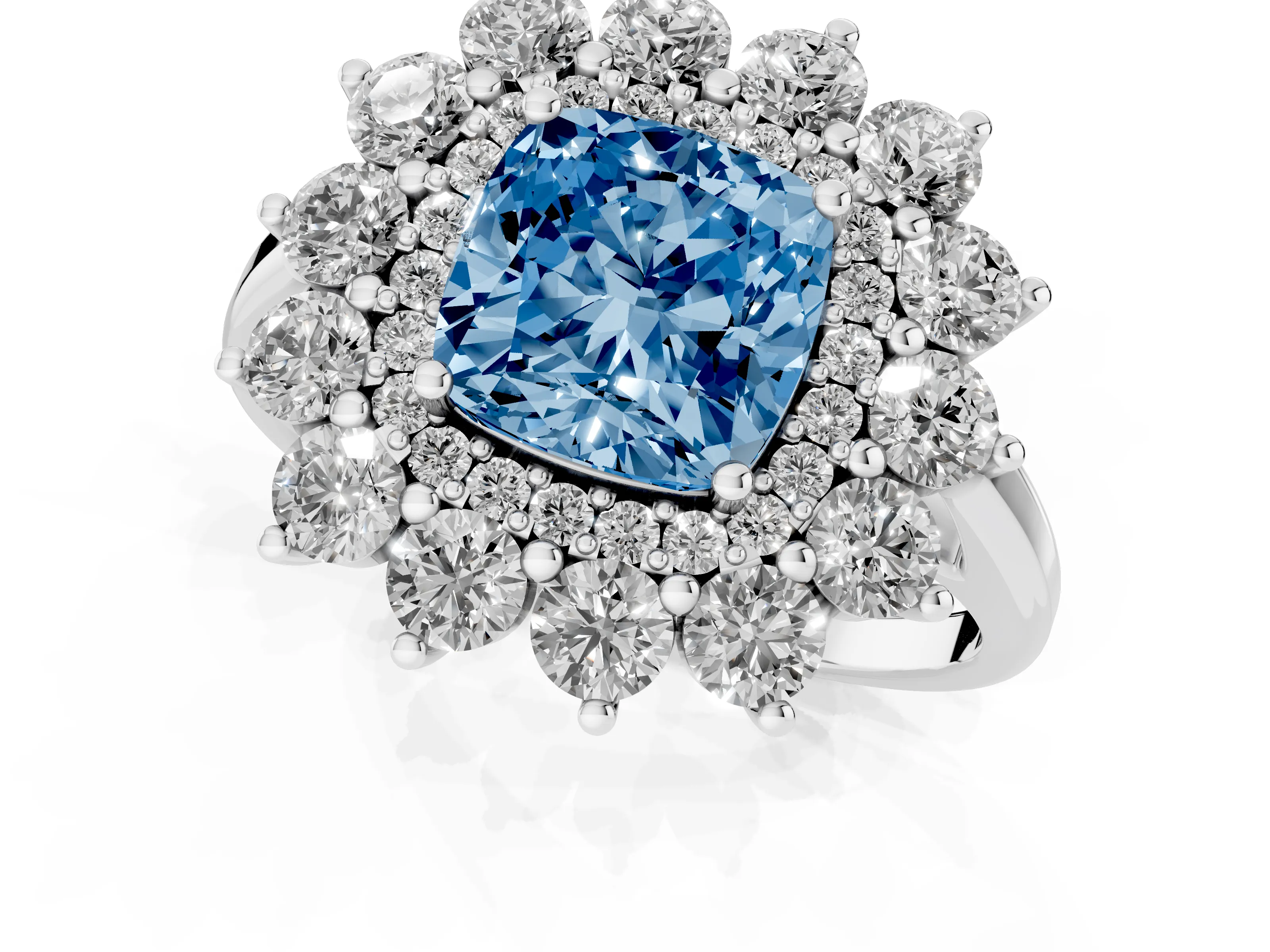 Fancy Blue Cushion Cut Diamond Floral Double Halo Ring Set in Platinum with Round Petals