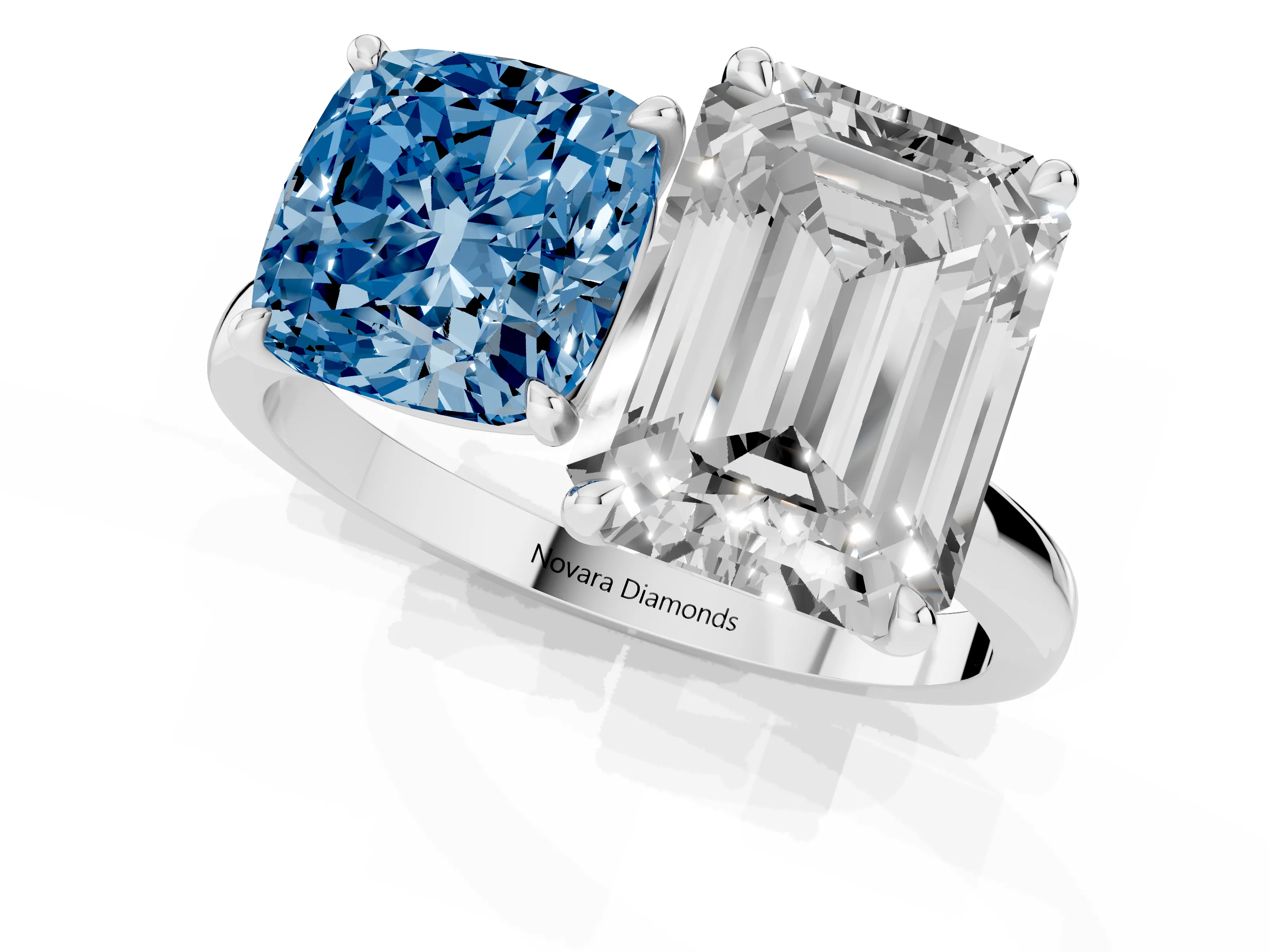Fancy Blue Cushion Cut and Emerald Cut Toi Moi Ring Set in Platinum with Prong Setting