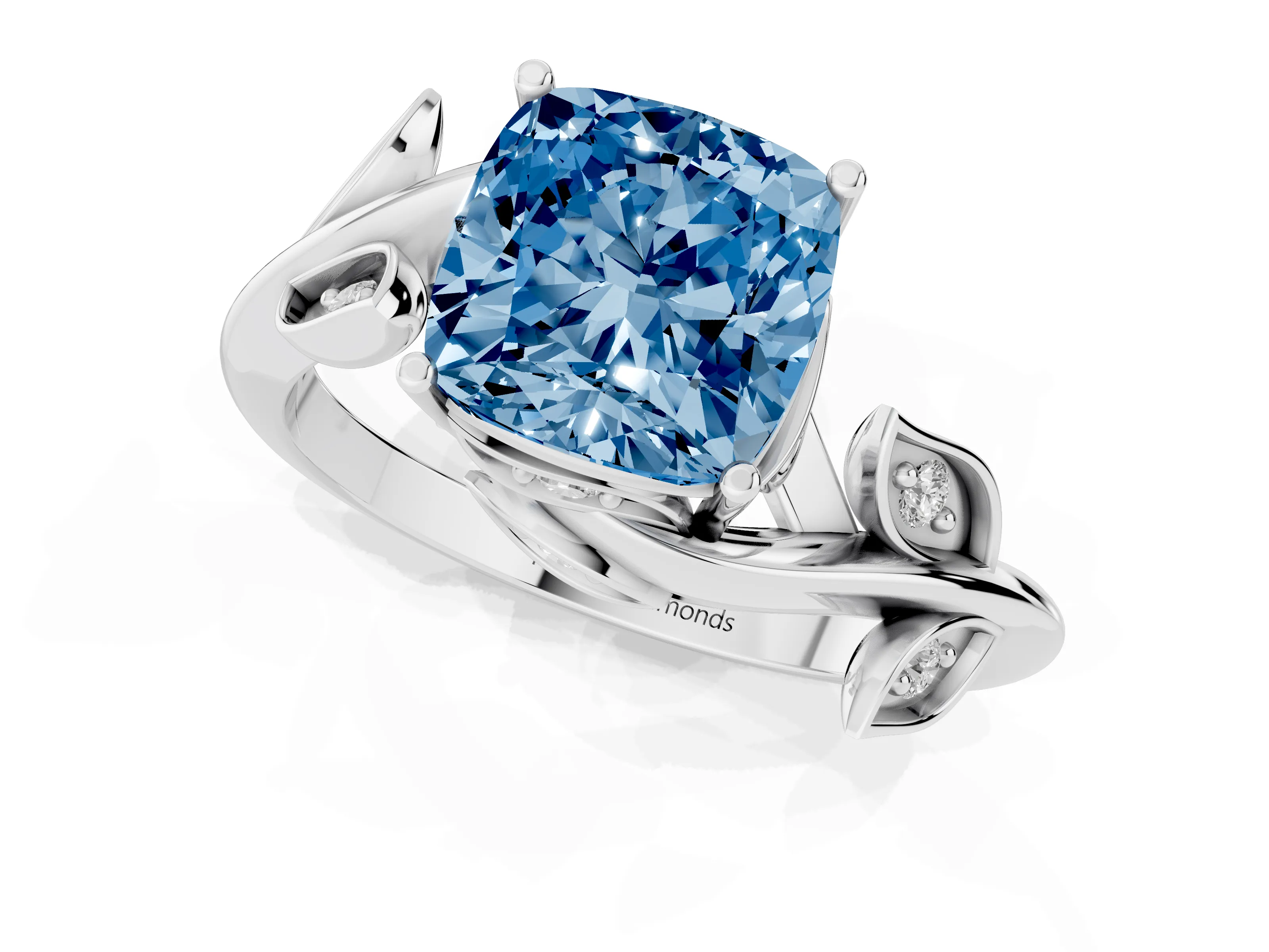 Fancy Blue Cushion Cut Diamond Solitaire Twist Engagement Ring Set in Platinum with Pavé Leaf Accents
