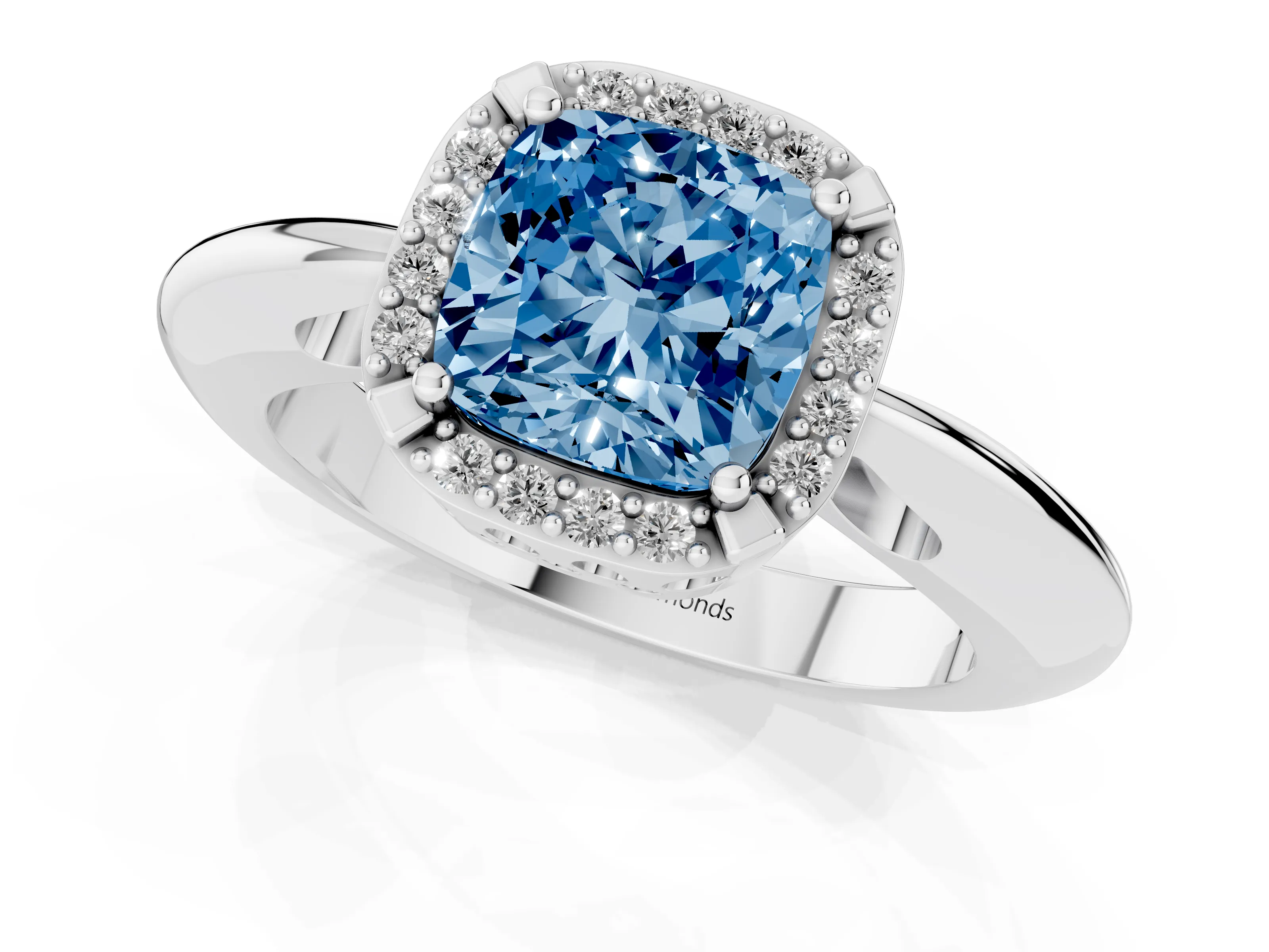 Fancy Blue Cushion Cut Diamond Halo Engagement Ring Set in Platinum with Plain Split Shank and Prong Setting