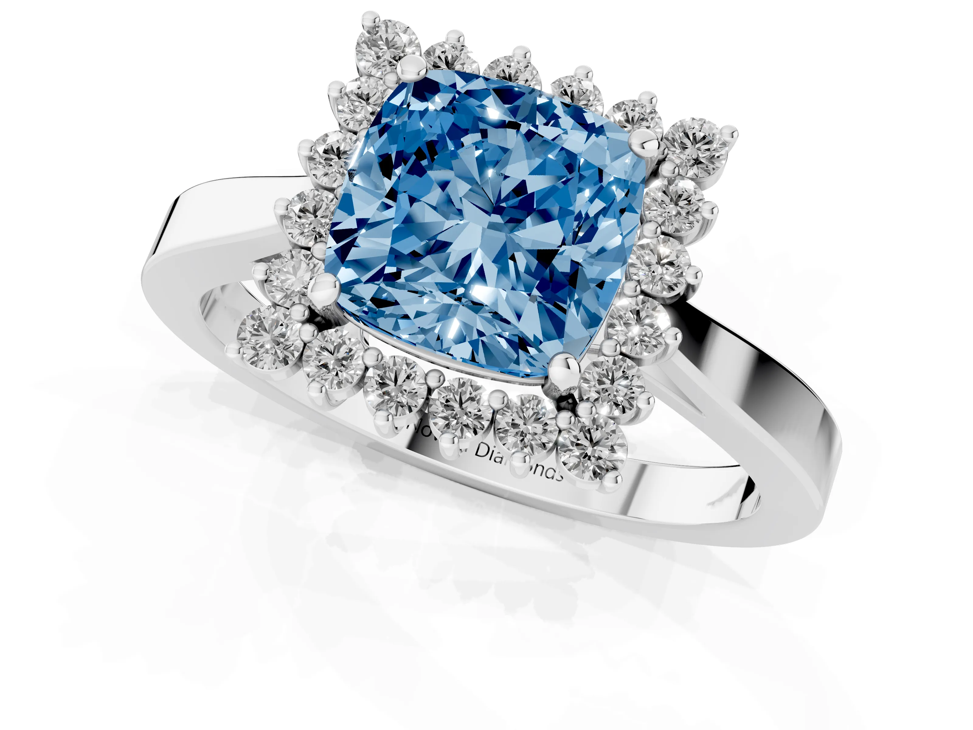 Fancy Blue Cushion Cut Diamond Halo Ring Set in White gold with Round Halo and Smooth Solitaire Band