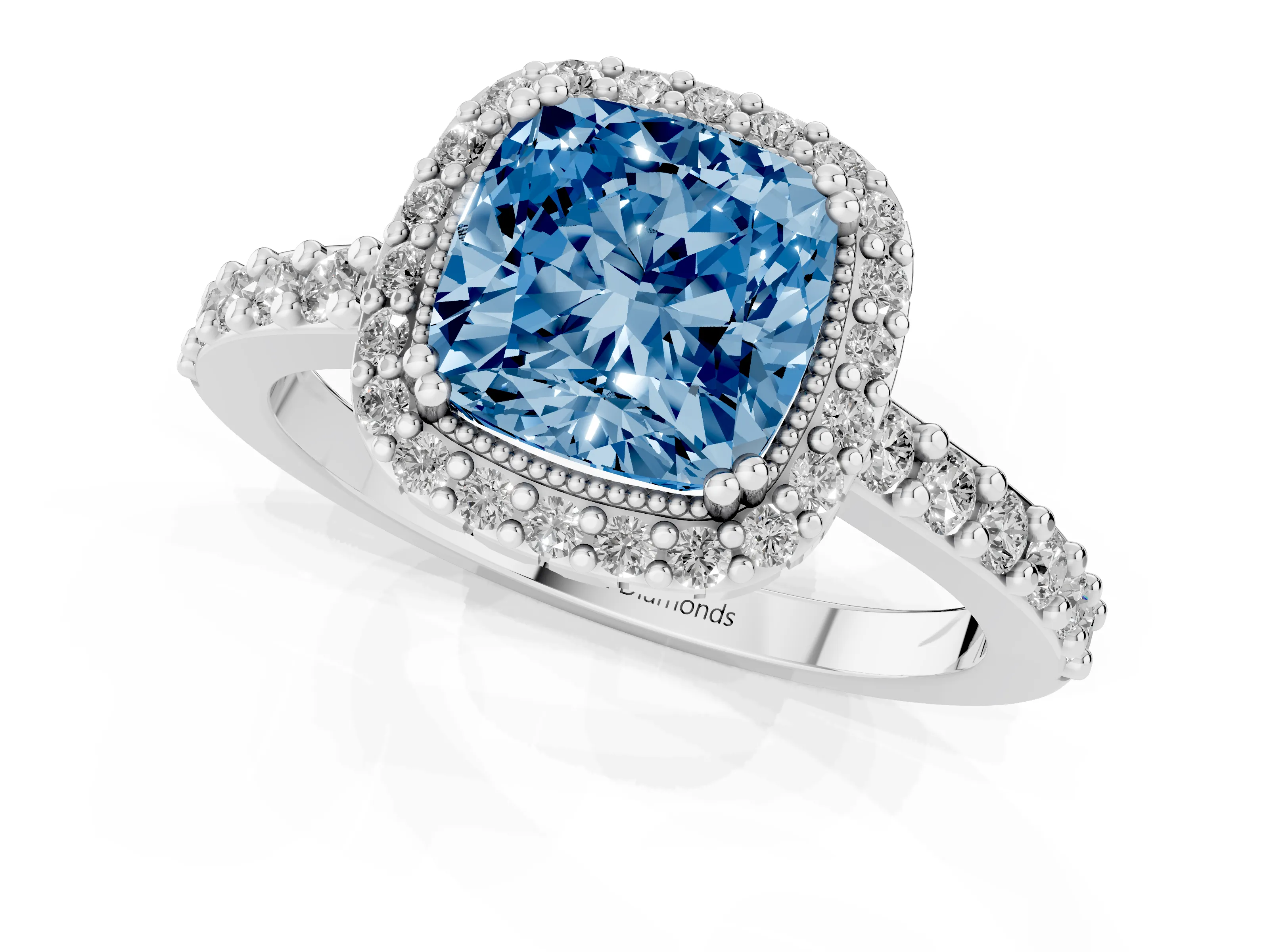 Fancy Blue Cushion Cut Diamond Halo Engagement Ring Set in Platinum with Milgrain Detail and Pavé Band