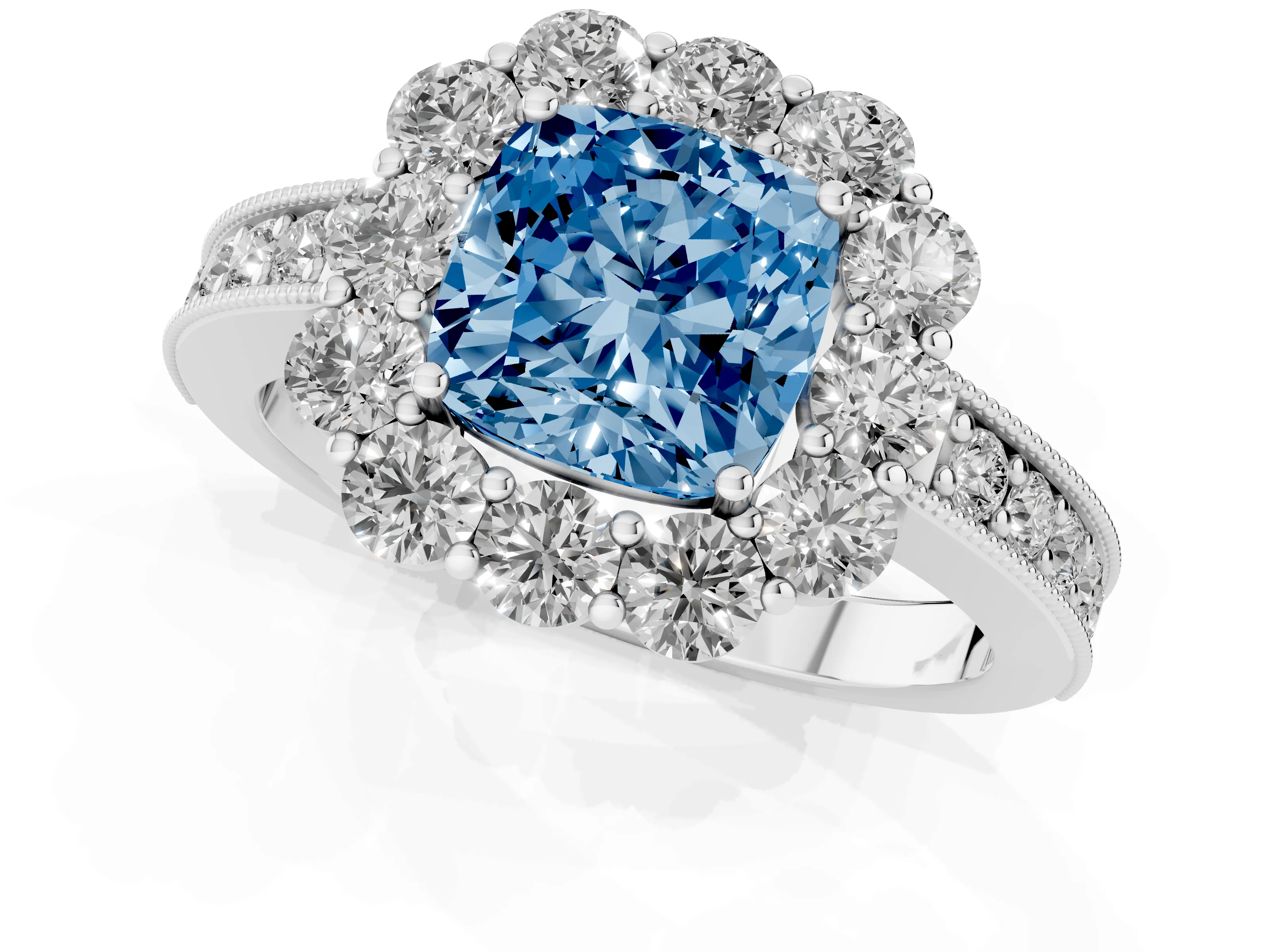 Fancy Blue Cushion Cut Diamond Halo Pavé Engagement Ring Set in White gold with Milgrain Detailing