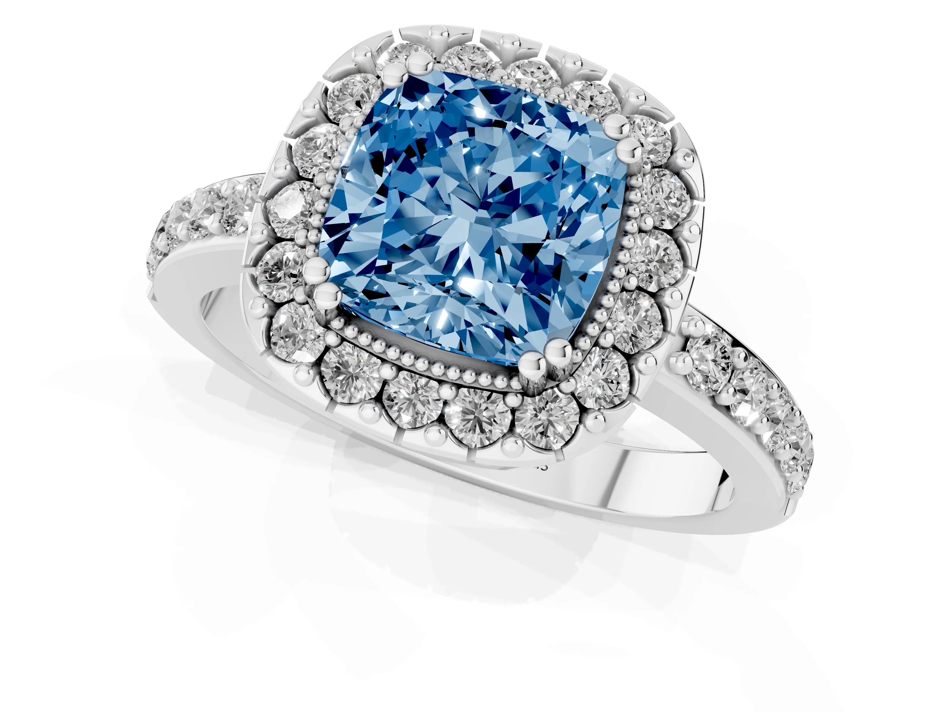 Fancy Blue Cushion Cut Diamond Halo Ring Set in White gold with Pavé Shank and Prong Setting
