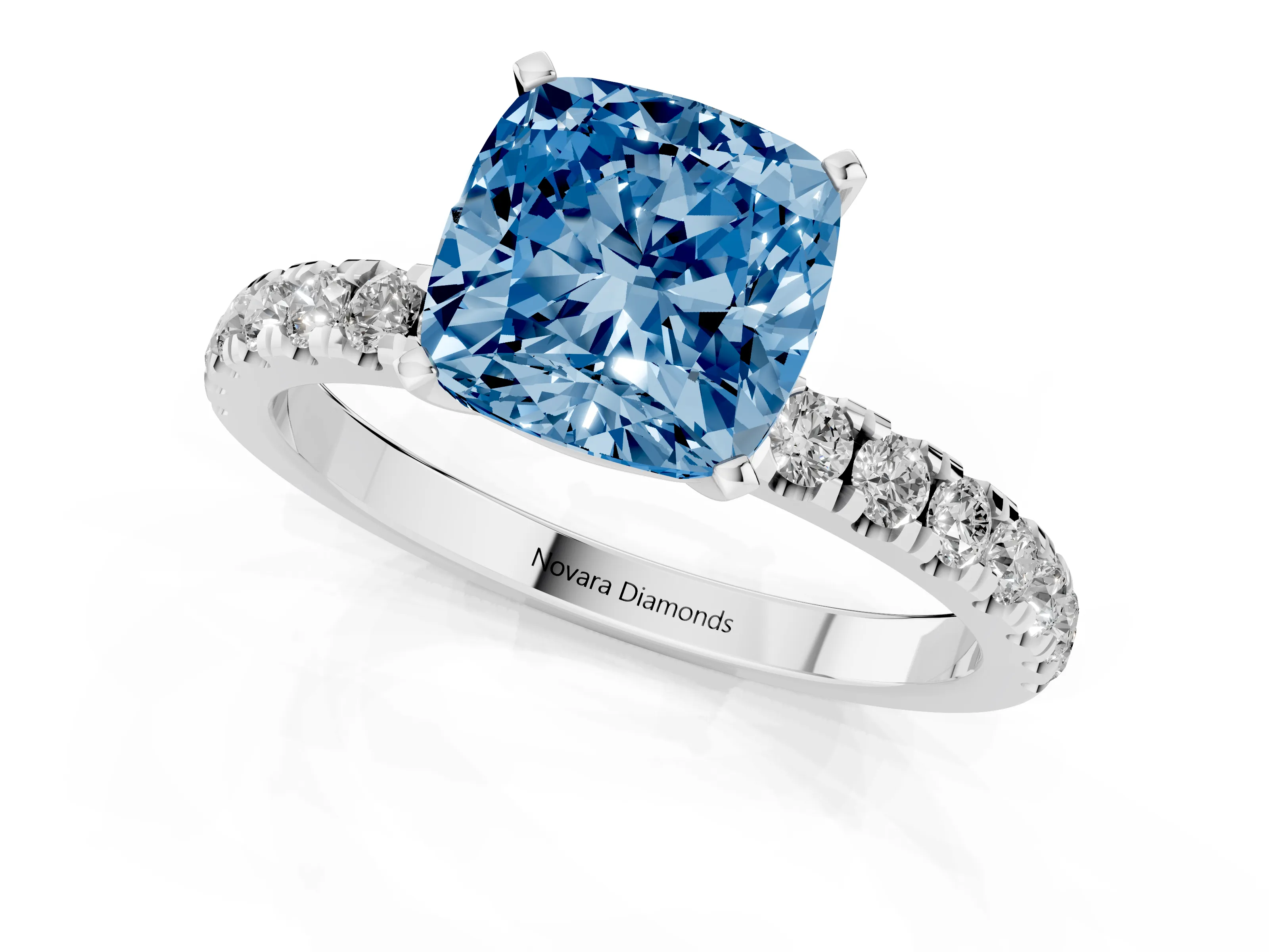 Fancy Blue Cushion Cut Diamond Solitaire Ring Set in Silver with Pavé Accents and Prong Setting