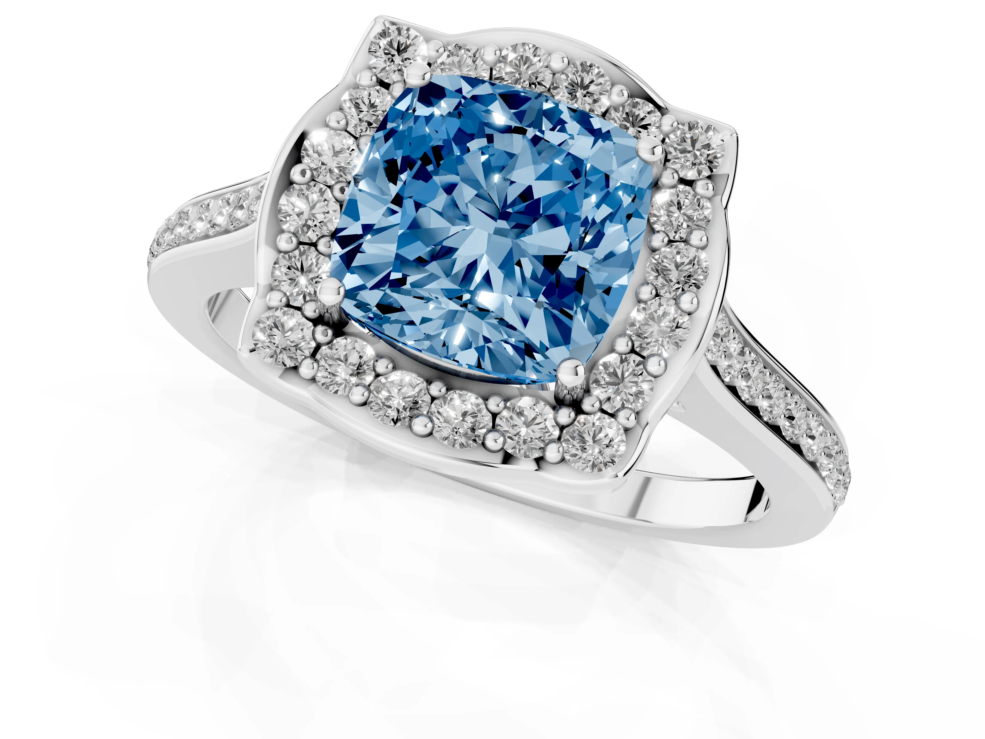 Fancy Blue Cushion Cut Diamond Halo Ring Set in Platinum with Pavé-Lined Shoulders and Prong Setting