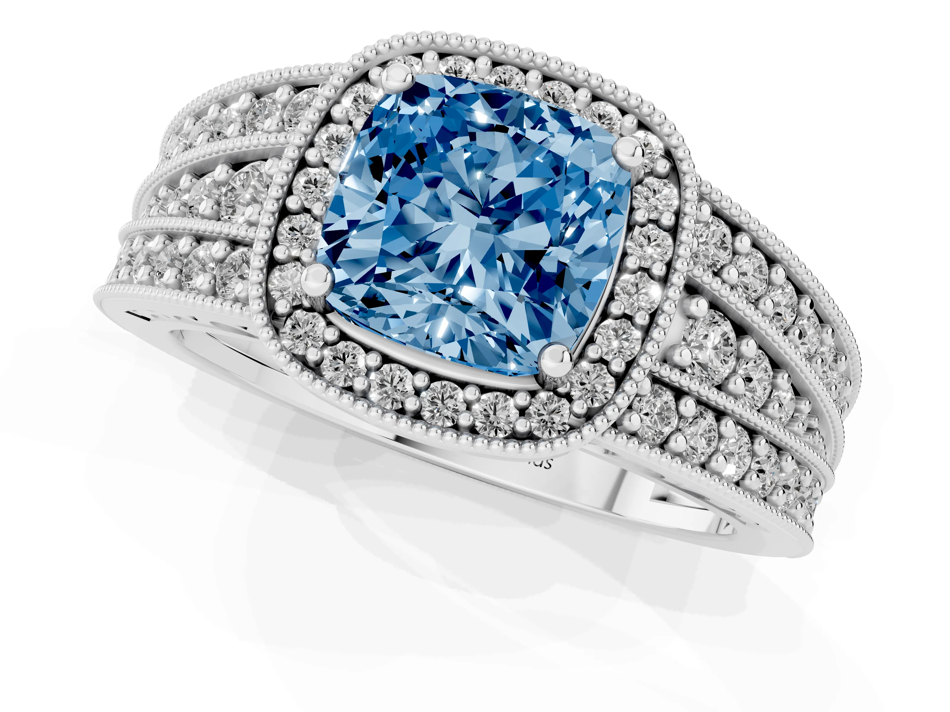 Fancy Blue Cushion Cut Diamond Halo Ring Set in Platinum with Accent Split Shank and Prong Setting