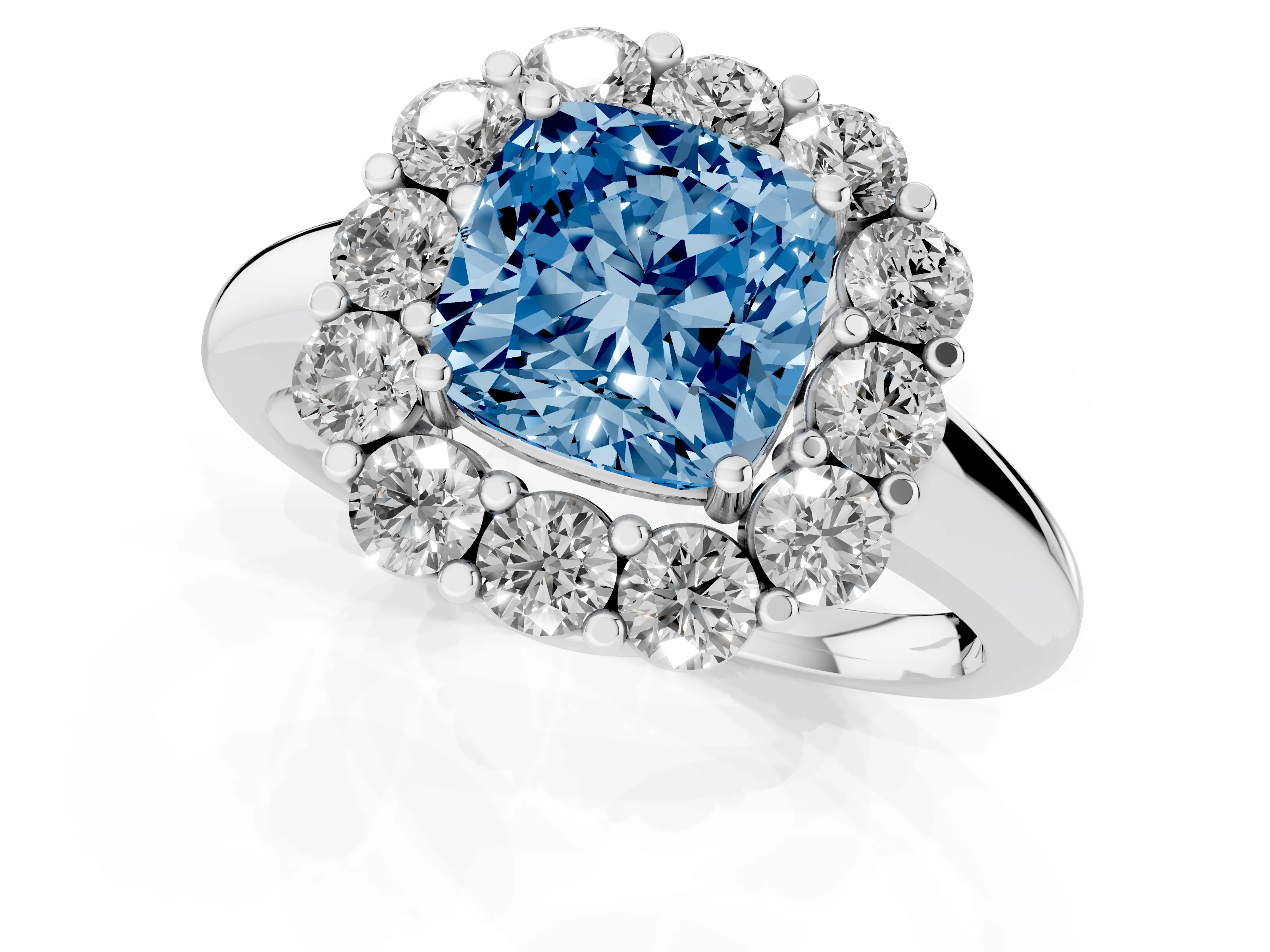 Fancy Blue Cushion Cut Diamond Halo Cluster Engagement Ring Set in Silver with Polished Band and Prong Setting