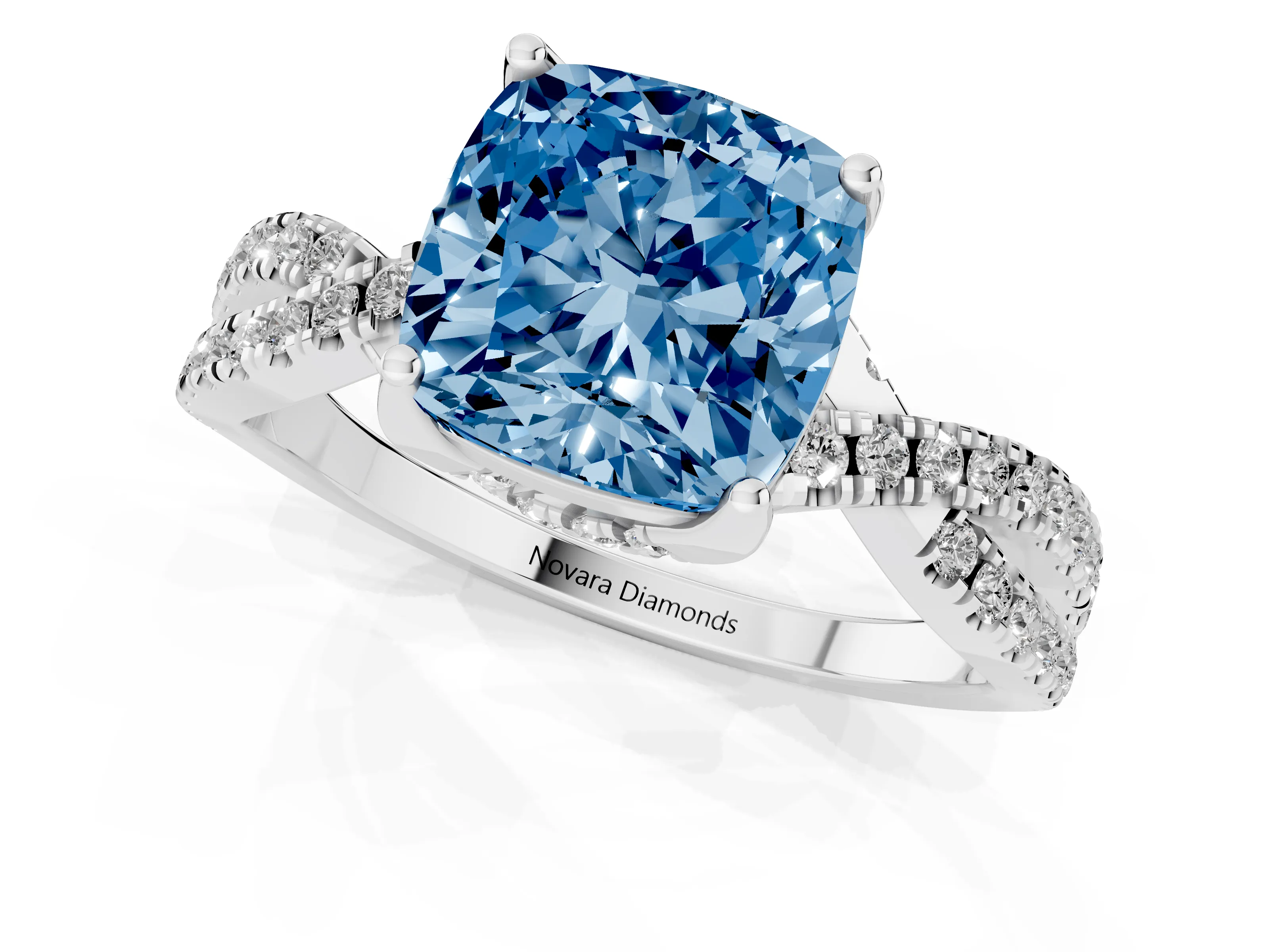 Fancy Blue Cushion Cut Diamond Twist Pavé Solitaire Engagement Ring Set in Silver with Prong Setting