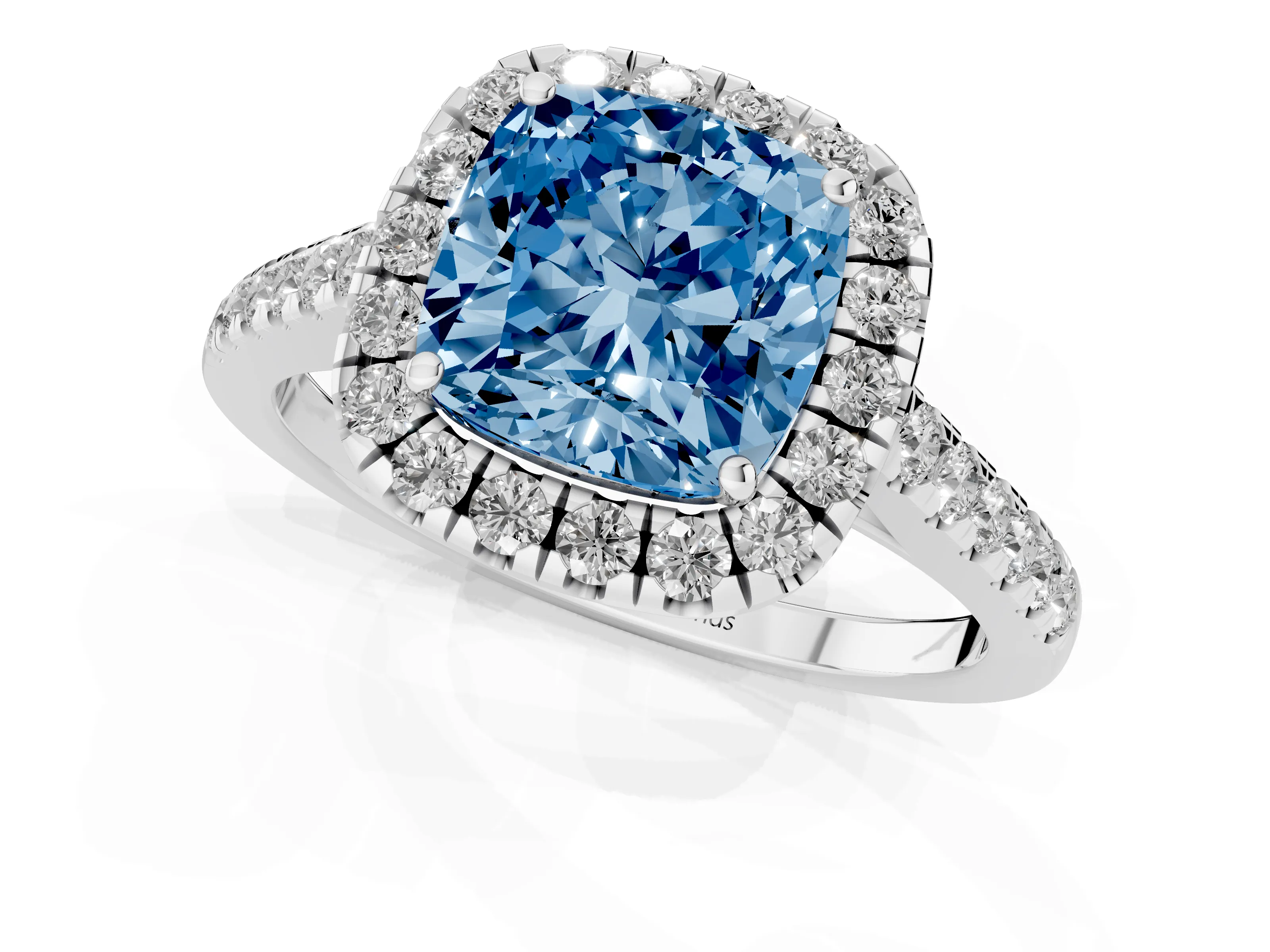 Fancy Blue Cushion Cut Diamond Halo Pavé Engagement Ring Set in White gold with Prong Setting