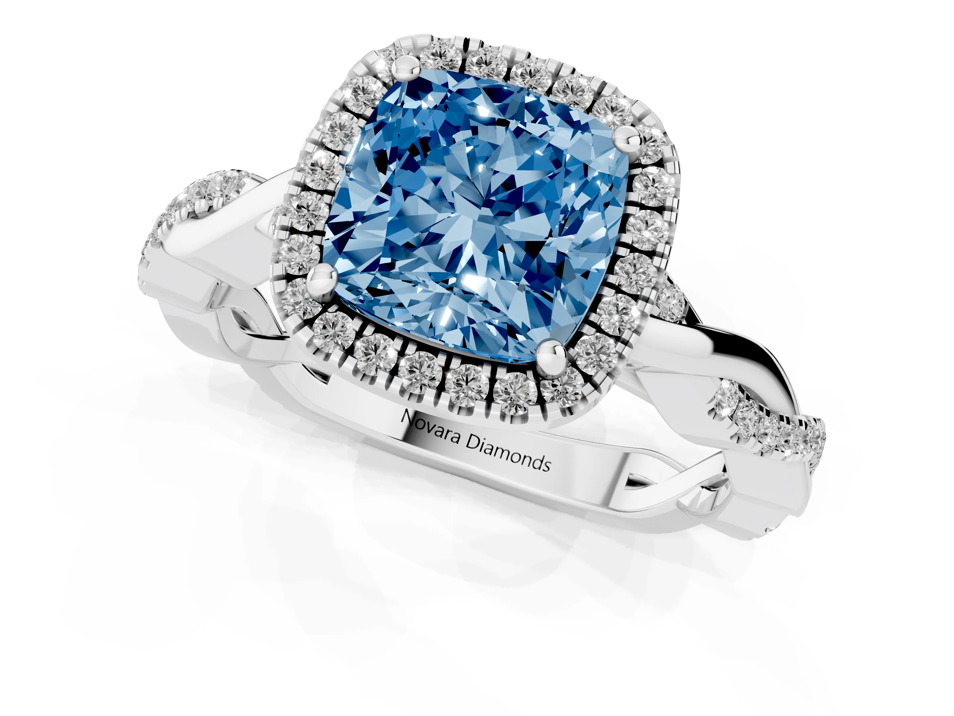 Fancy Blue Cushion Cut Diamond Halo Twisted Band Ring Set in Platinum with Prong Setting