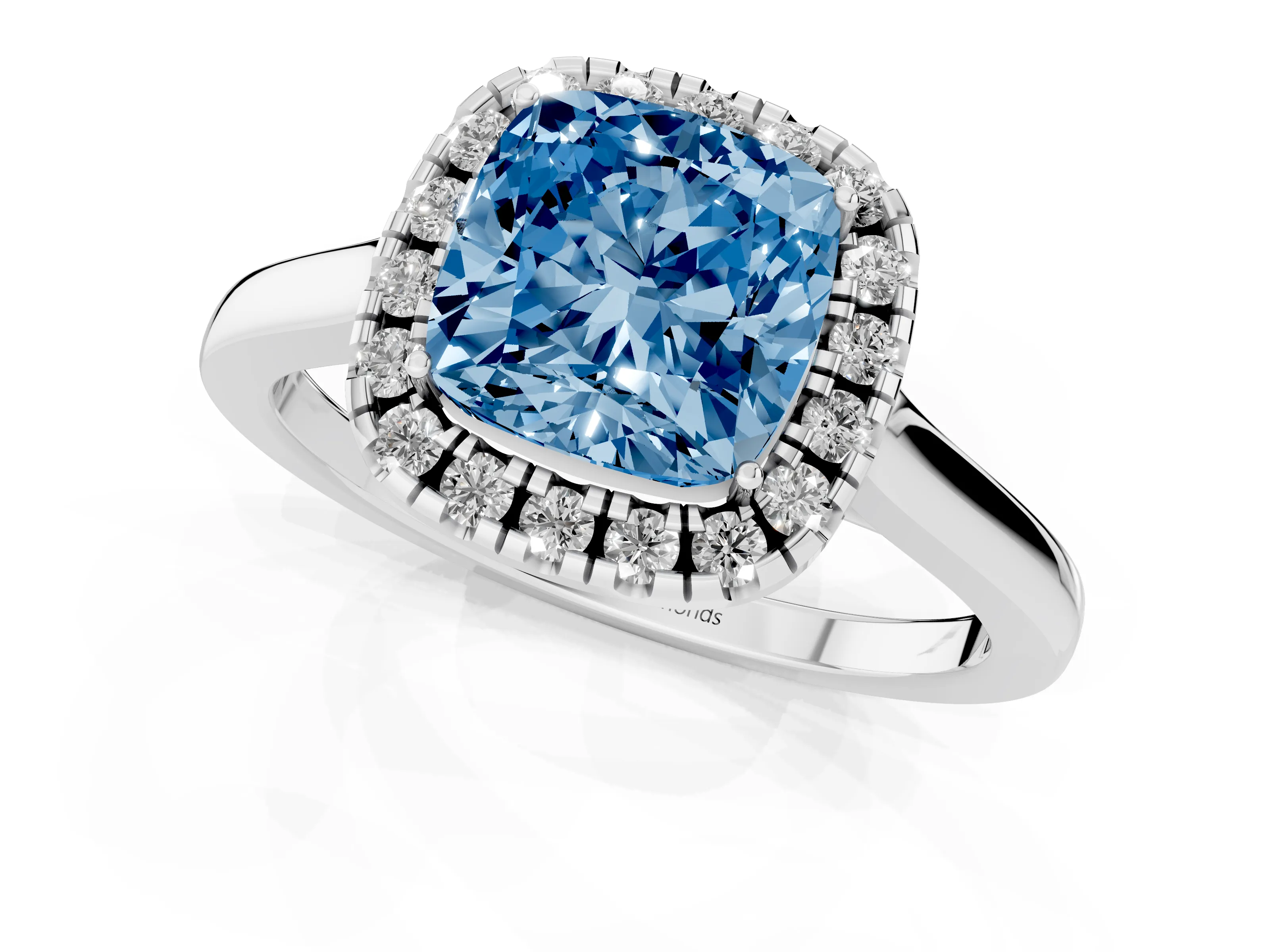 Fancy Blue Cushion Cut Halo Round Diamond Solitaire Ring Set in Platinum with Pavé Band and Prong Setting