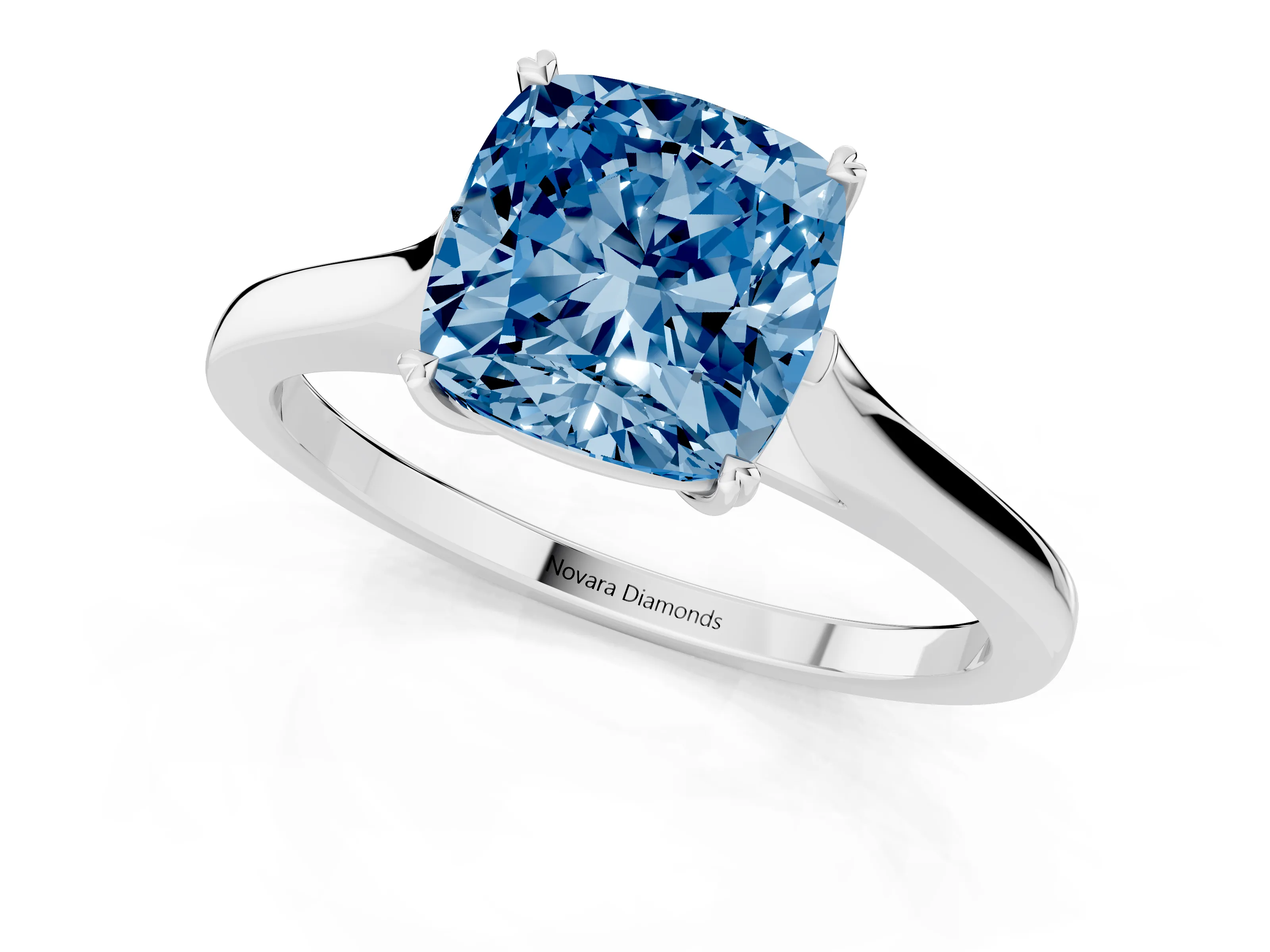 Fancy Blue Cushion Cut Diamond Solitaire Heart Prong Engagement Ring Set in White gold with Tapered Band