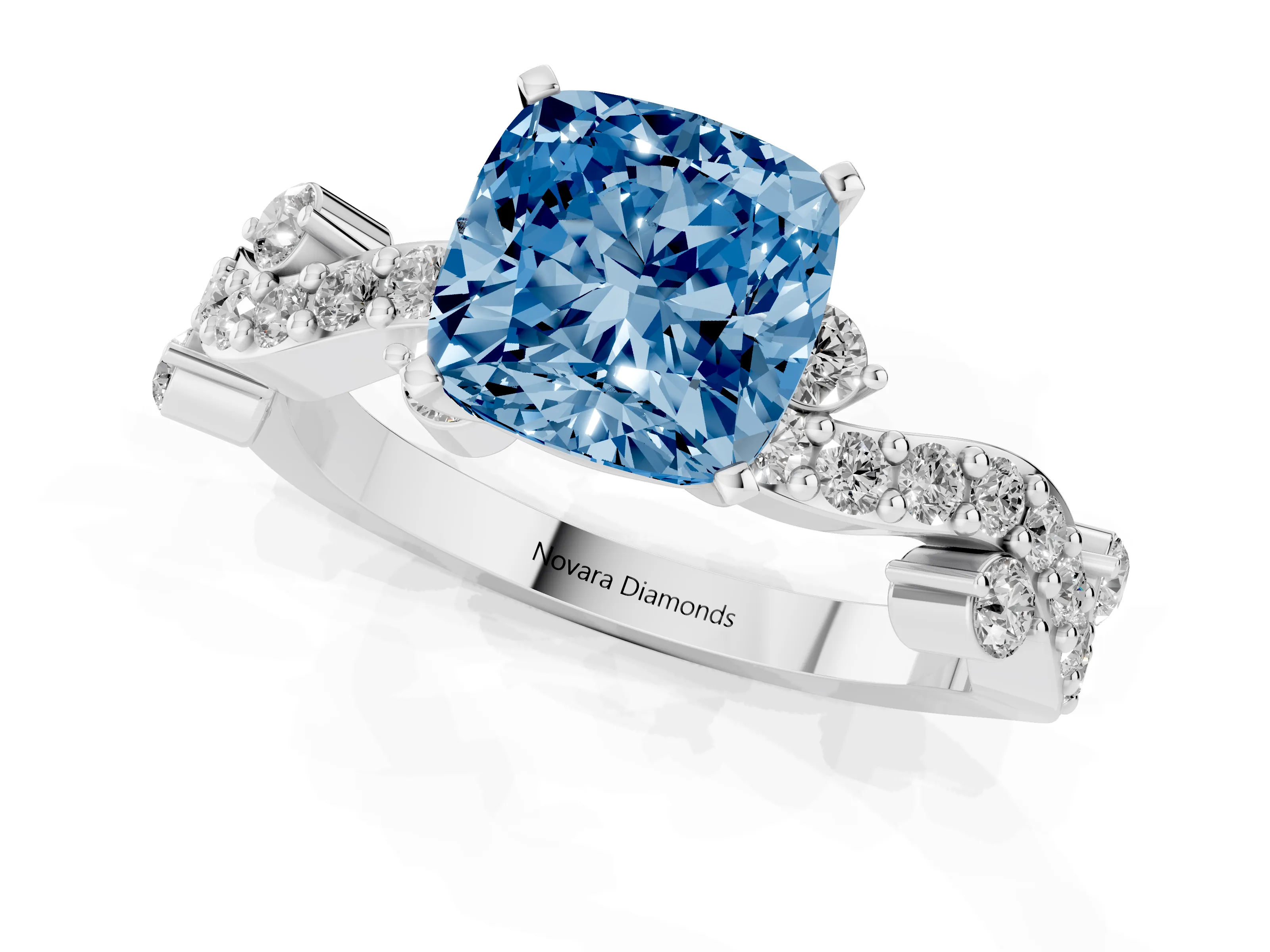 Fancy Blue Cushion Cut Diamond Solitaire Twisted Band Set in White gold with Pavé Setting
