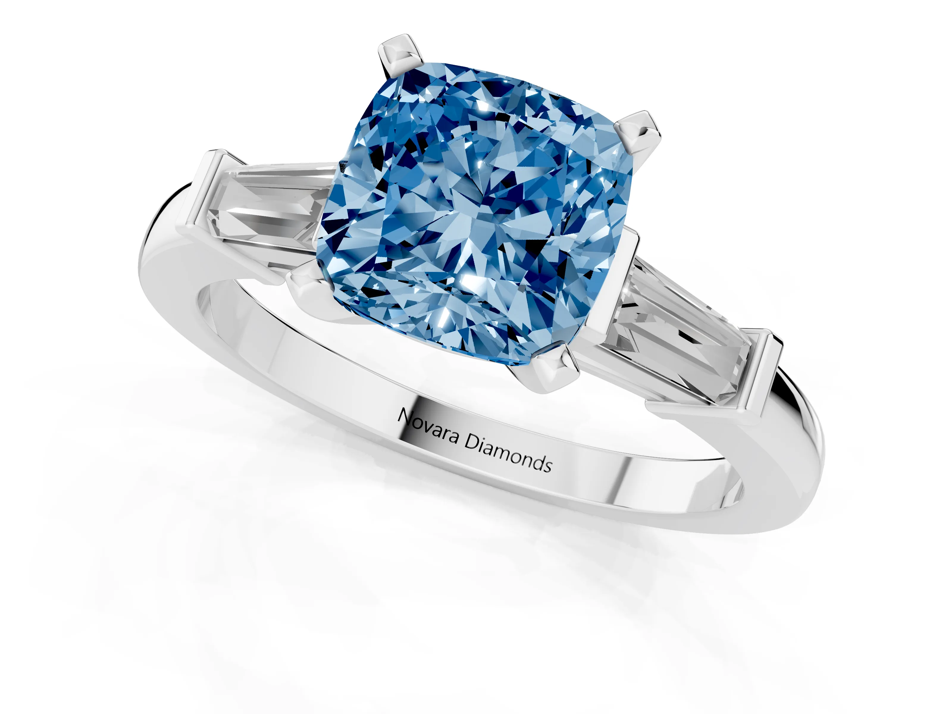 Fancy Blue Cushion Cut Diamond Solitaire Ring Set in Platinum with Tapered Baguette Accents and Prong Setting
