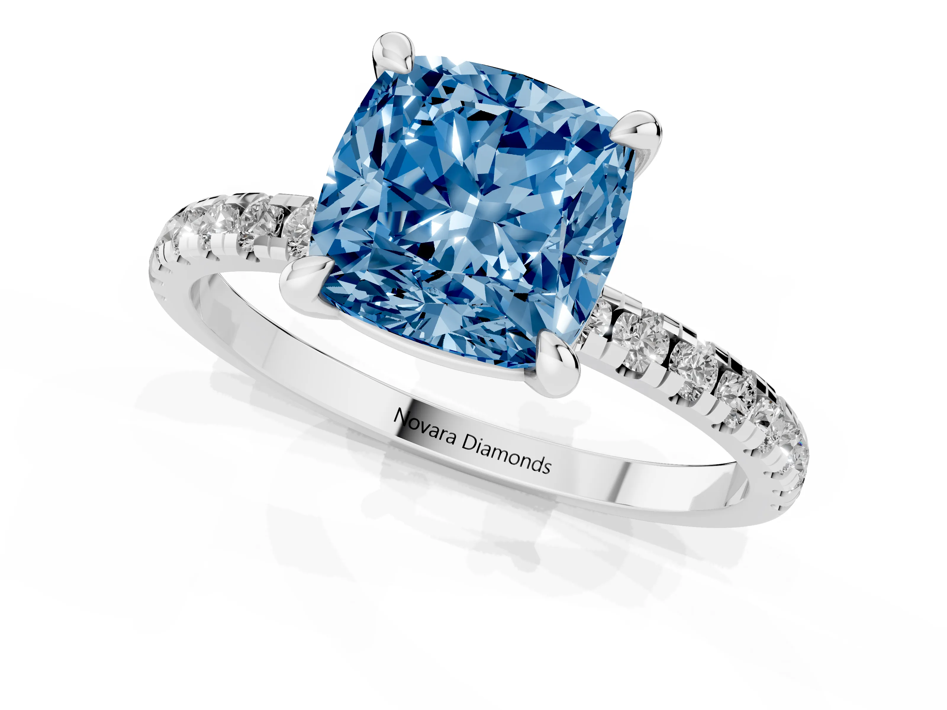 Fancy Blue Cushion Cut Diamond Brilliant Solitaire Ring Set in Platinum with Pavé Band and Prong Setting