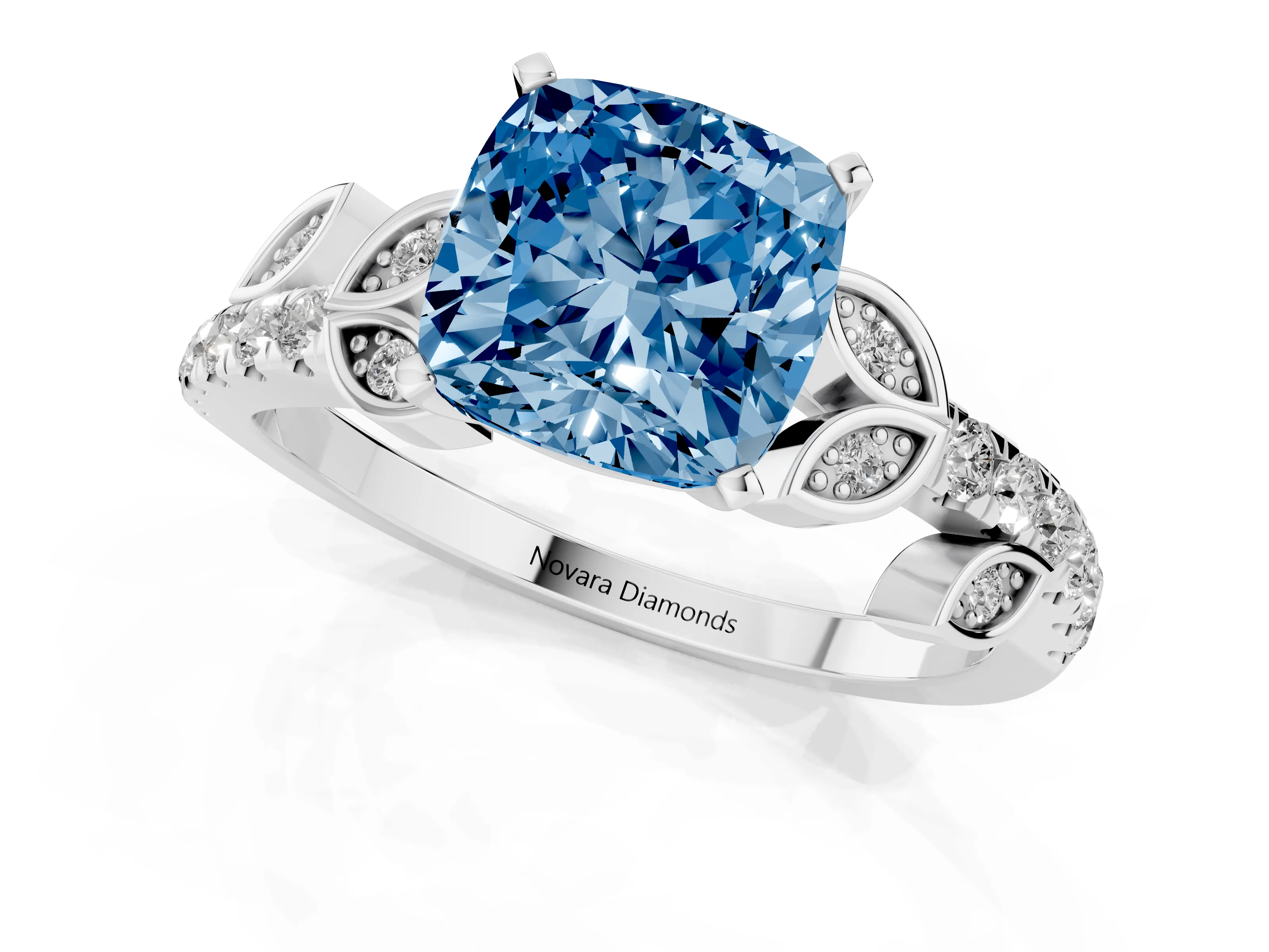 Fancy Blue Cushion Cut Diamond Solitaire Leaf-Inspired Ring Set in Platinum with Pavé Band and Prong Setting