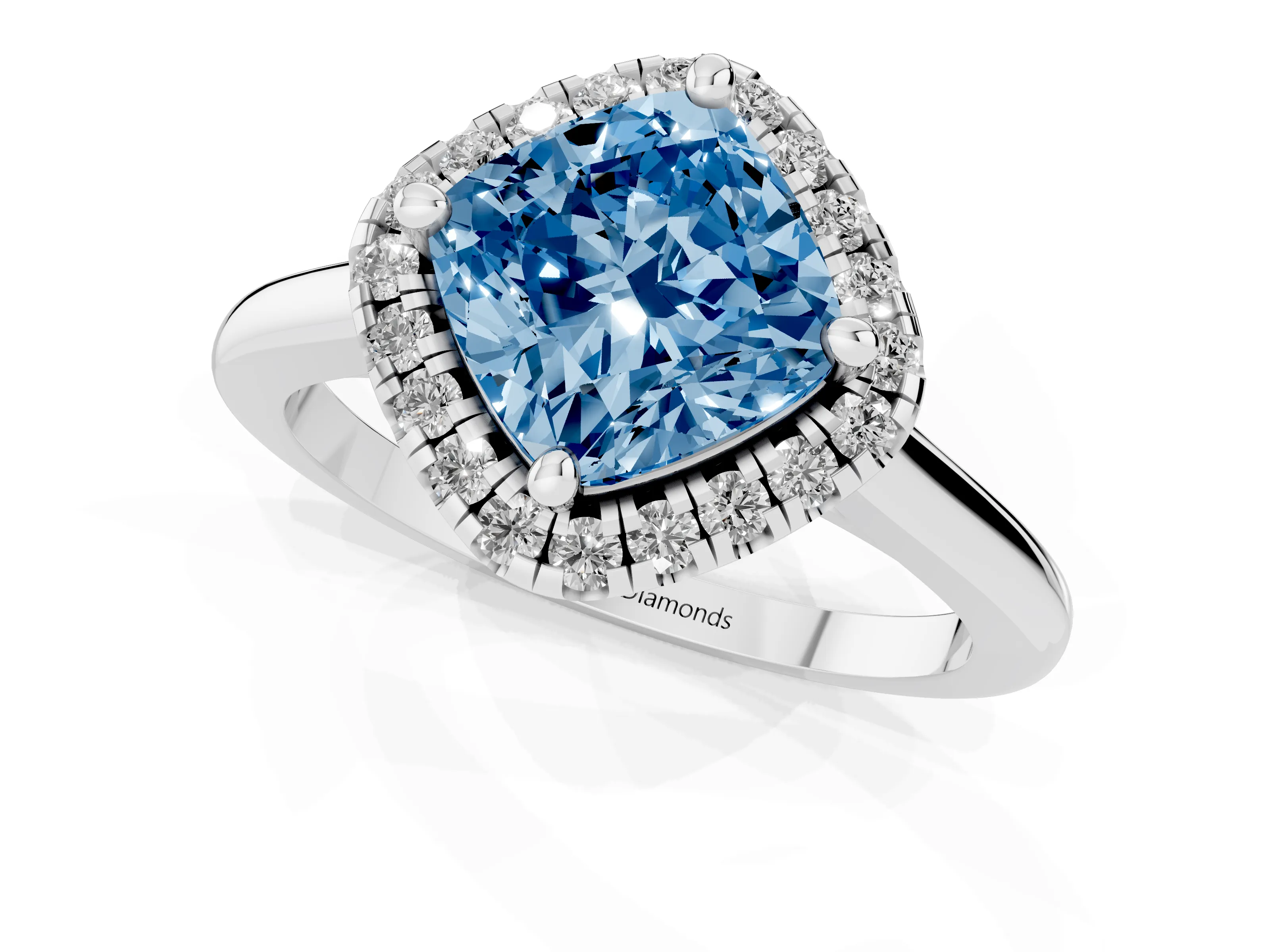 Fancy Blue Cushion Cut Diamond Halo Engagement Ring Set in White gold with Pavé Band and Rising Shoulders – second view