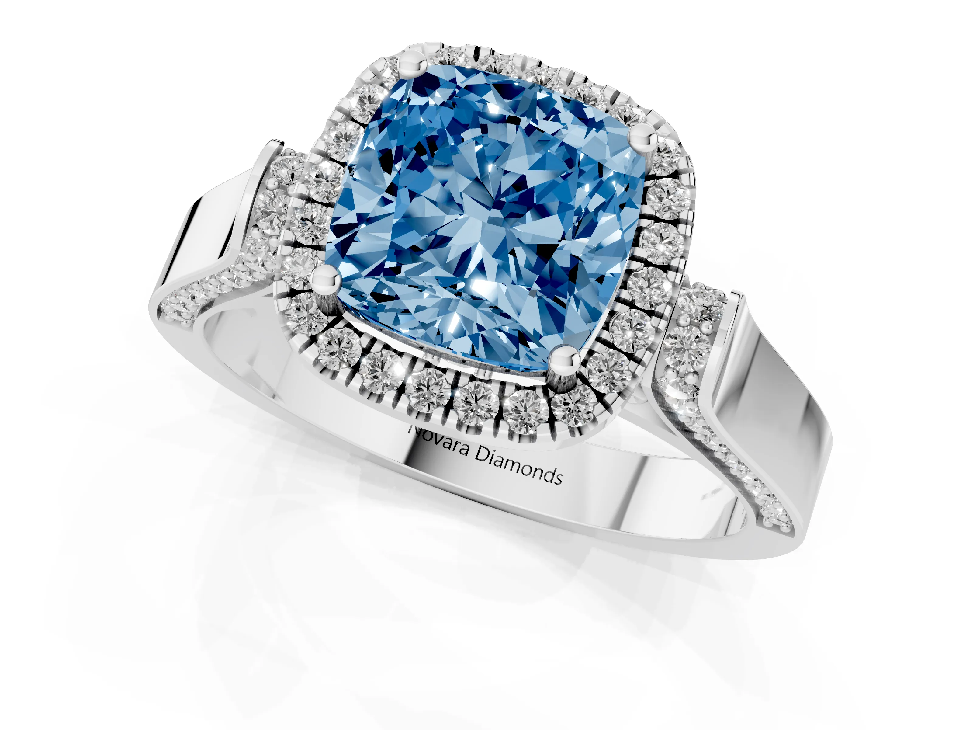 Fancy Blue Cushion Cut Diamond Halo Ring Set in Platinum with Pavé-Lined Split Shank Band