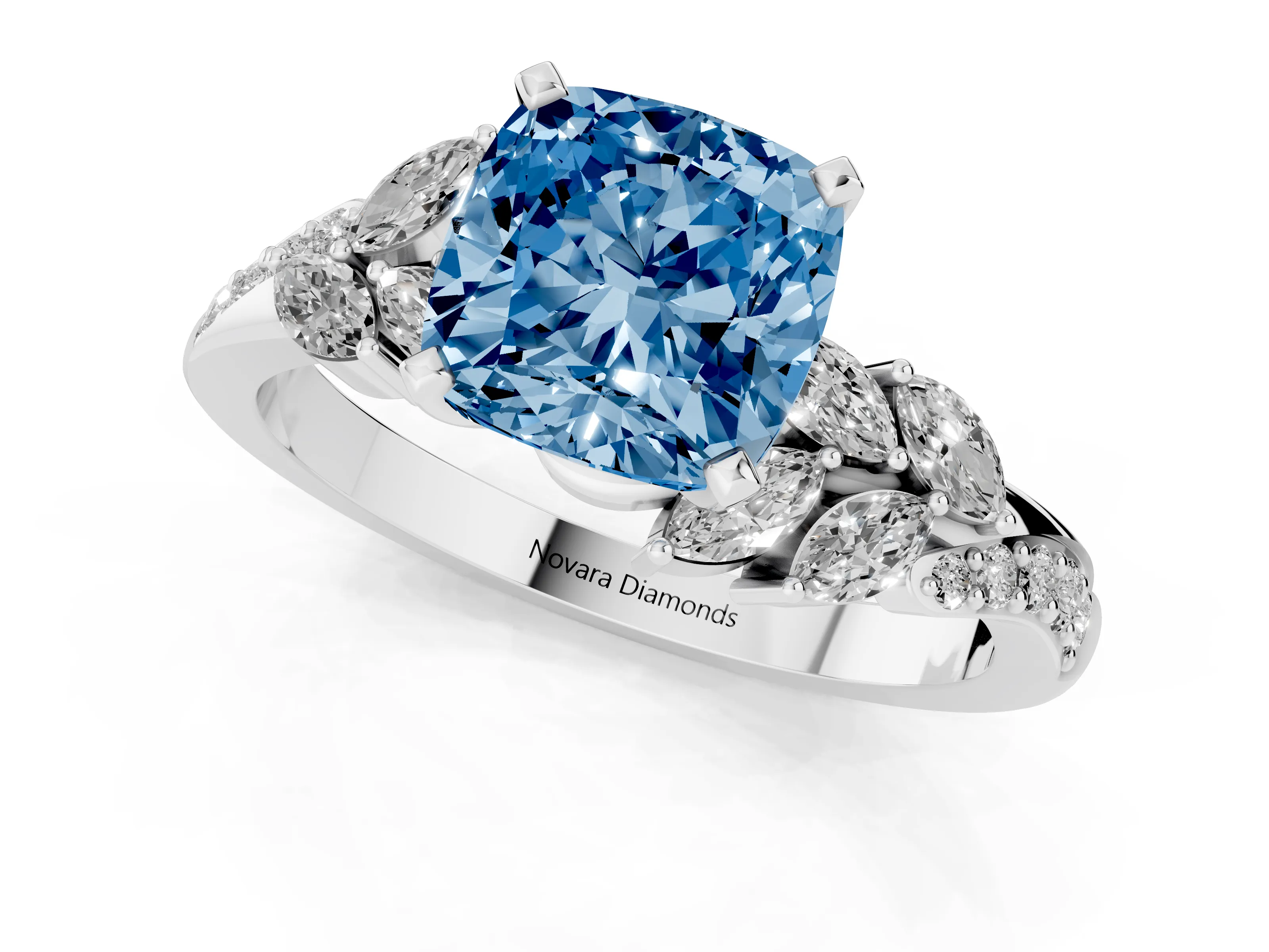 Fancy Blue Cushion Cut Diamond Solitaire Ring Set in White gold with Marquise Twist Band and Prong Setting