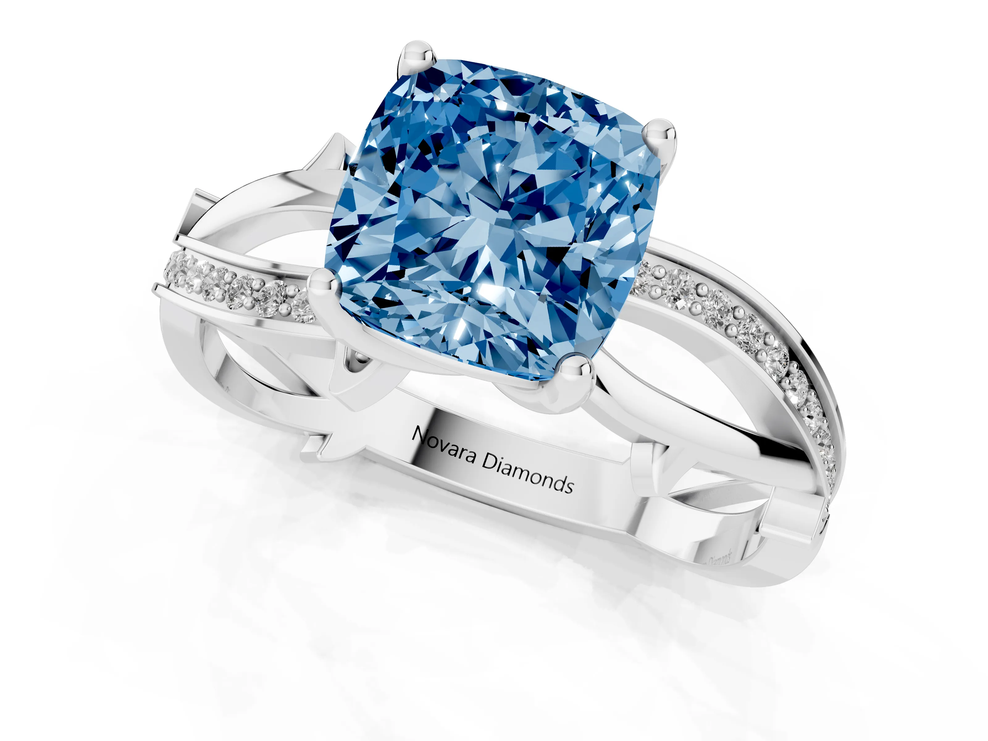 Fancy Blue Cushion Cut Diamond Pavé Twist Band Solitaire Ring Set in Silver with Prong Setting