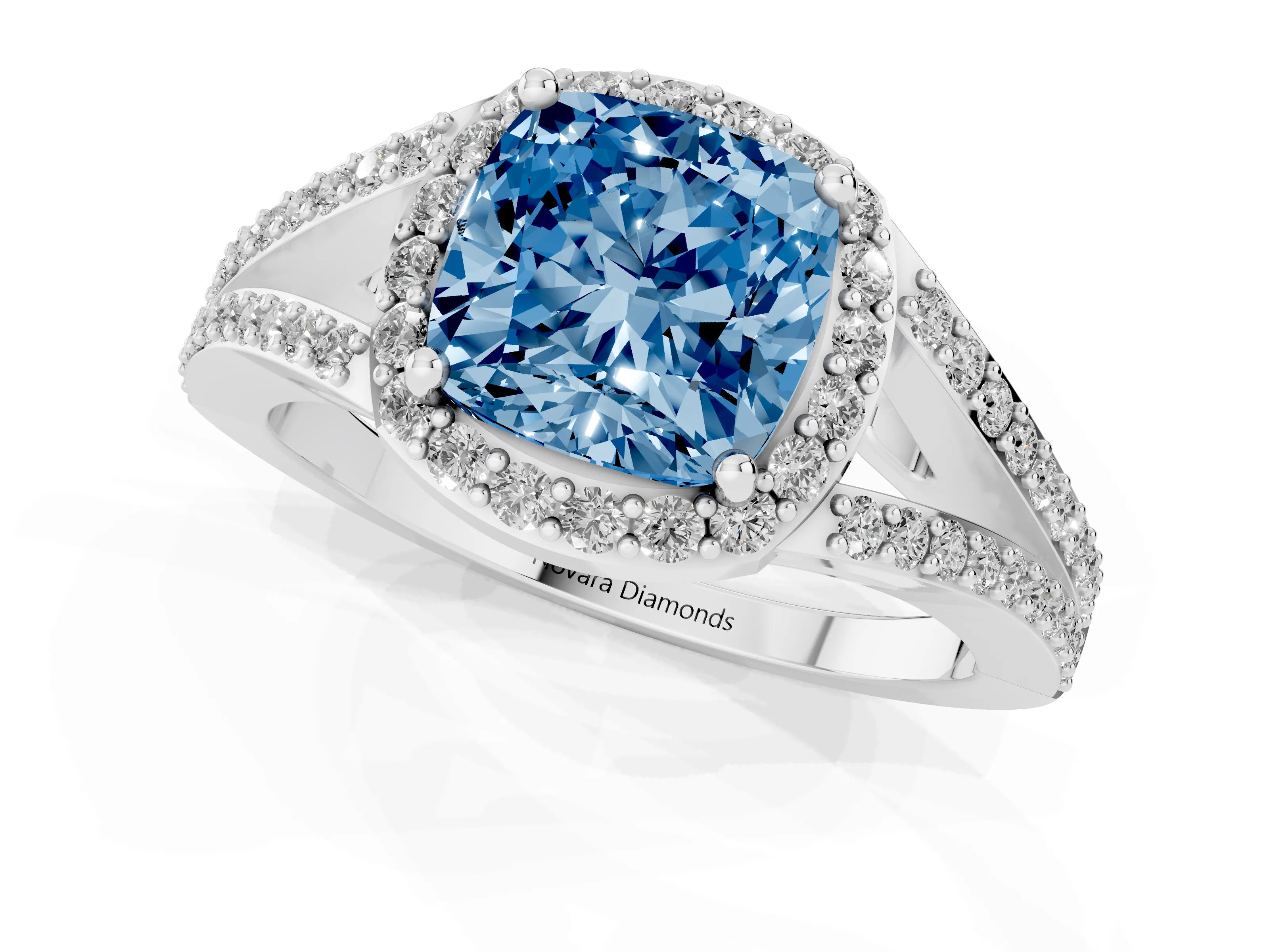 Fancy Blue Cushion Cut Diamond Halo Split Shank Ring Set in Silver with Accent Stones and Prong Setting