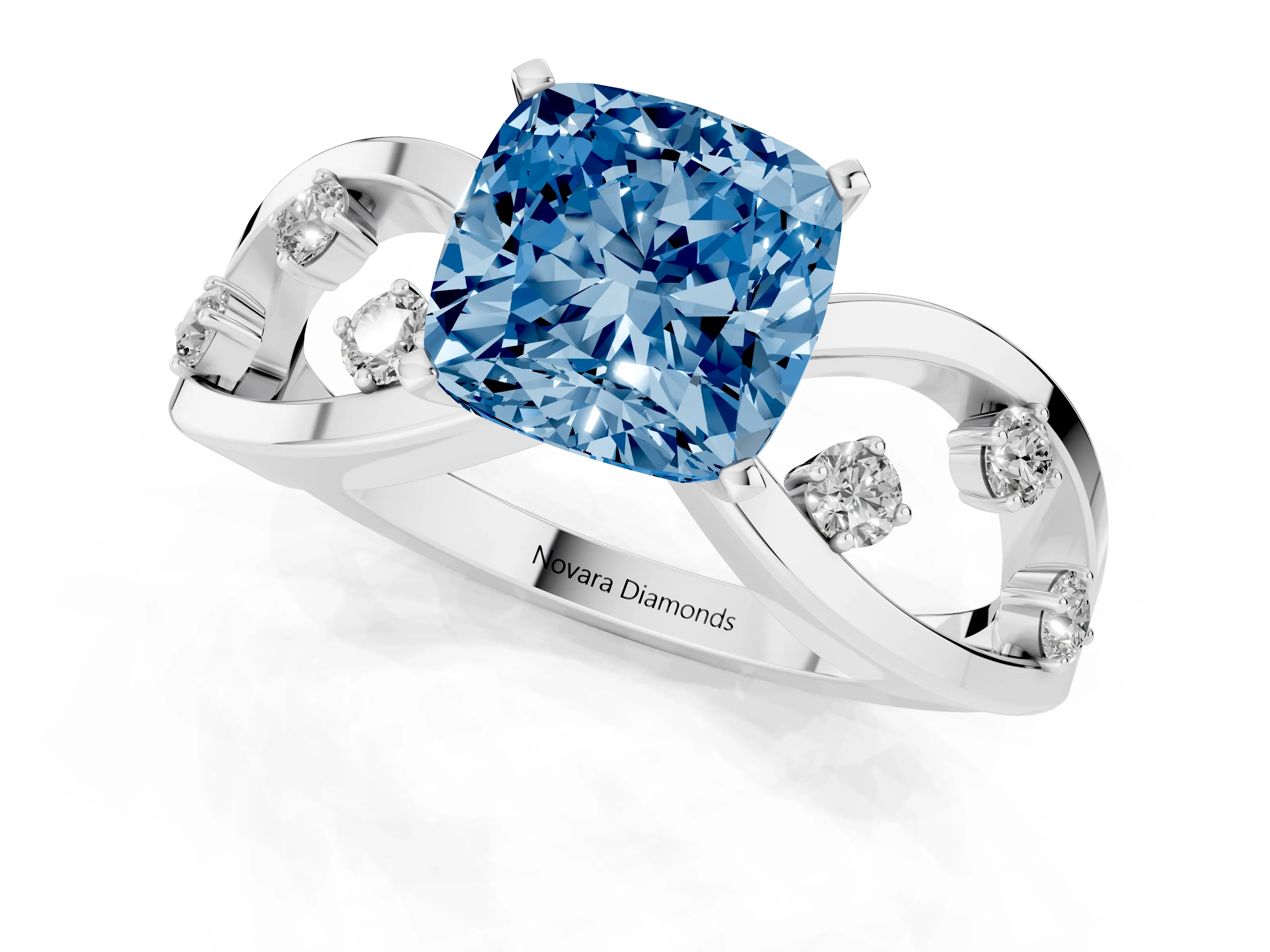 Fancy Blue Cushion Cut Diamond Solitaire Ring Set in Platinum with Side Stones on Criss-Cross Band and Prong Setting
