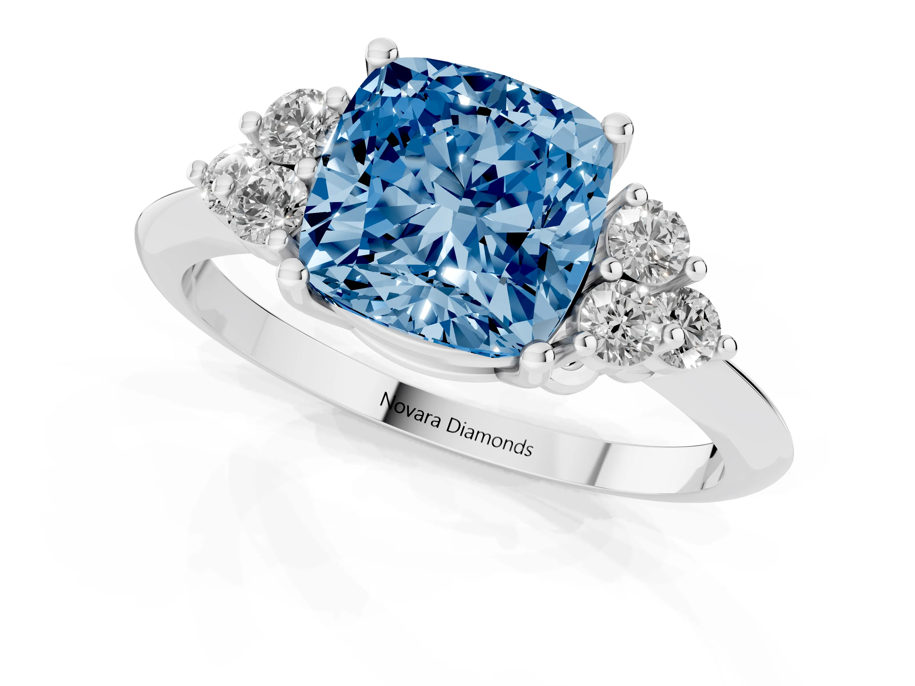 Fancy Blue Cushion Cut Diamond Cluster Ring Set in White gold with Plain Band and Prong Setting
