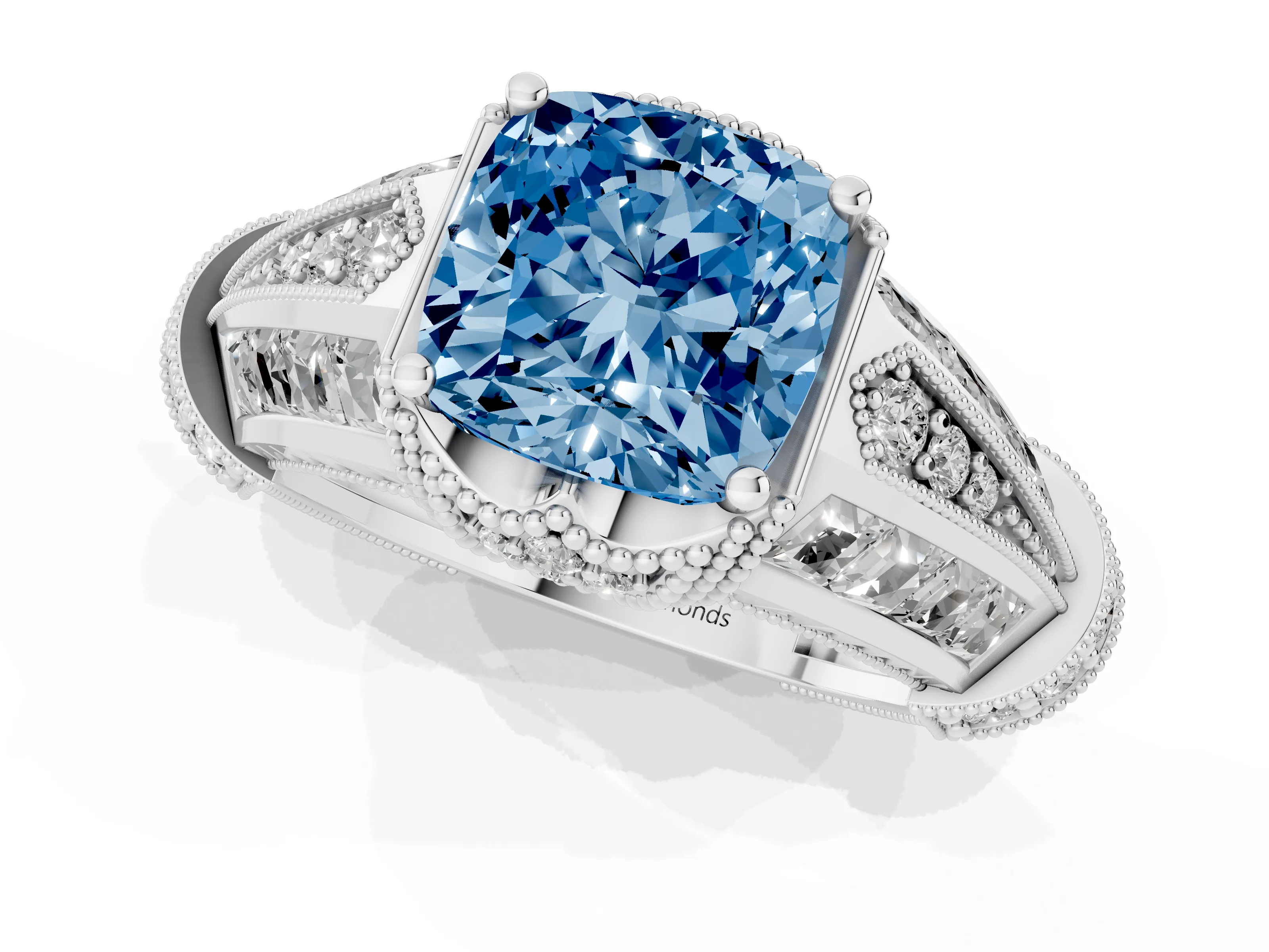 Fancy Blue Cushion Cut Diamond Vintage-Inspired Milgrain Ring Set in Silver with Accent Split Shank