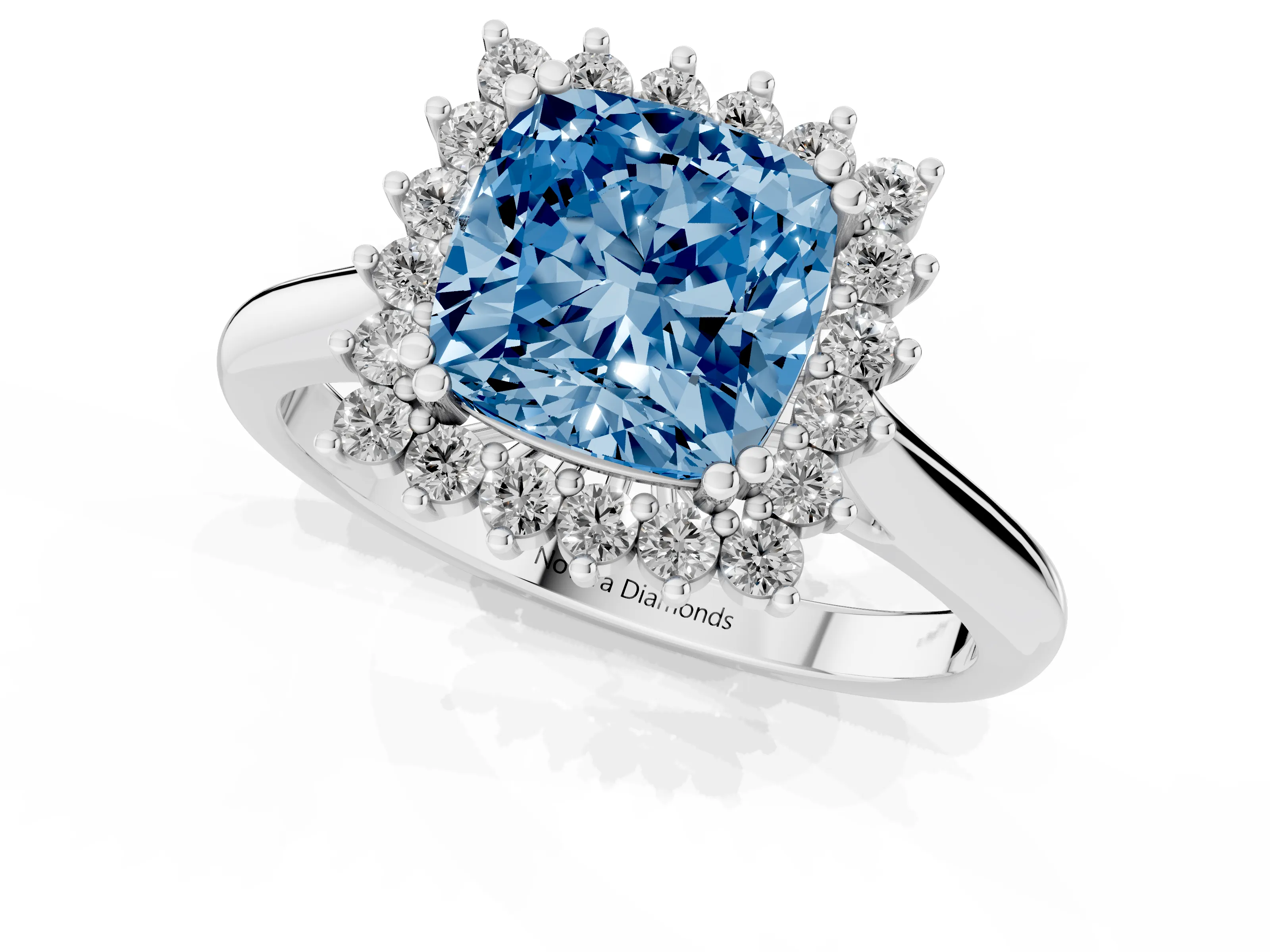 Fancy Blue Cushion Cut Diamond Halo Ring Set in Platinum with Plain Solitaire Band and Prong Setting