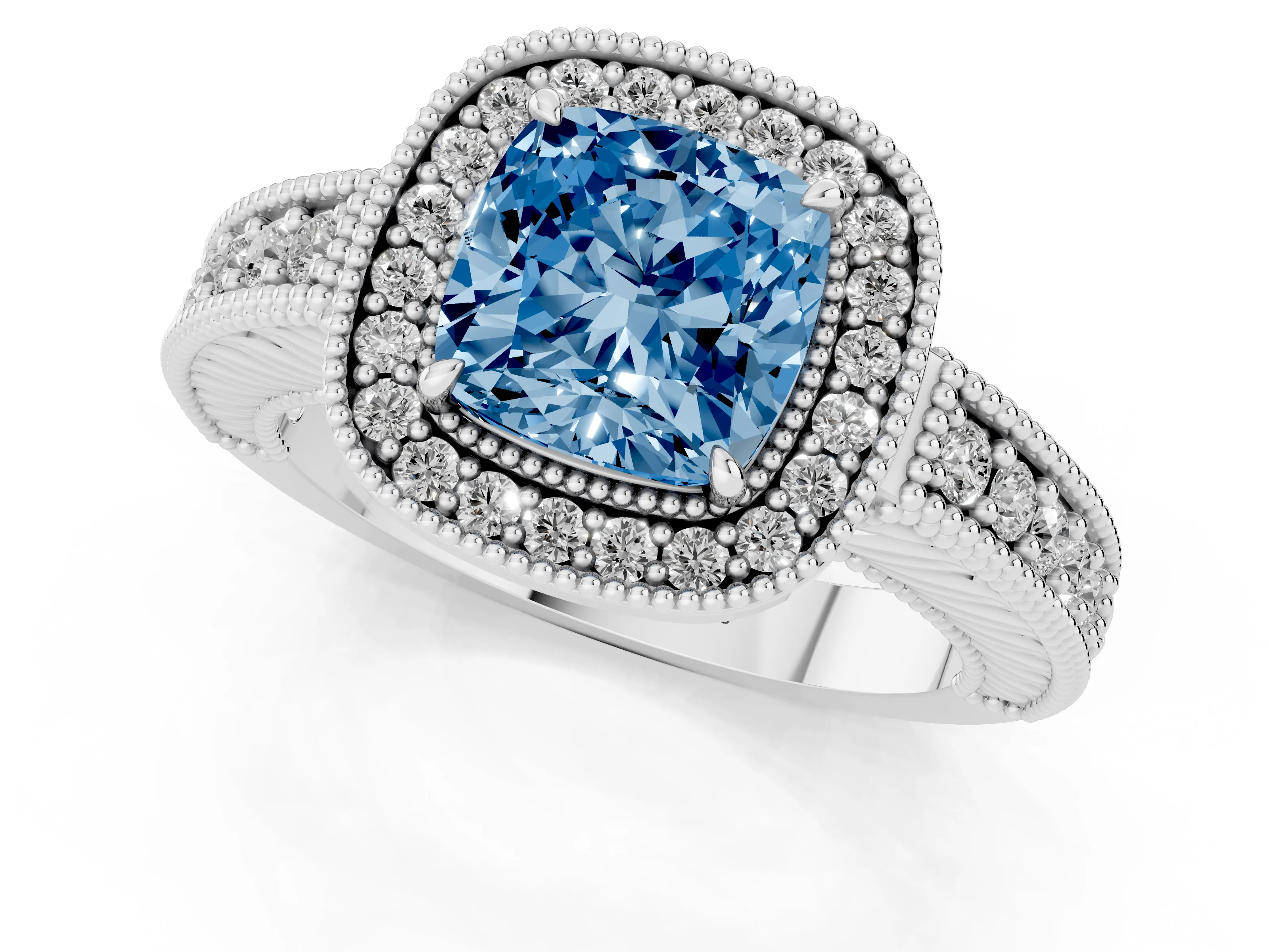 Fancy Blue Cushion Cut Diamond Halo Ring Set in Platinum with Round Accent Halo, Pavé Band and Prong Setting