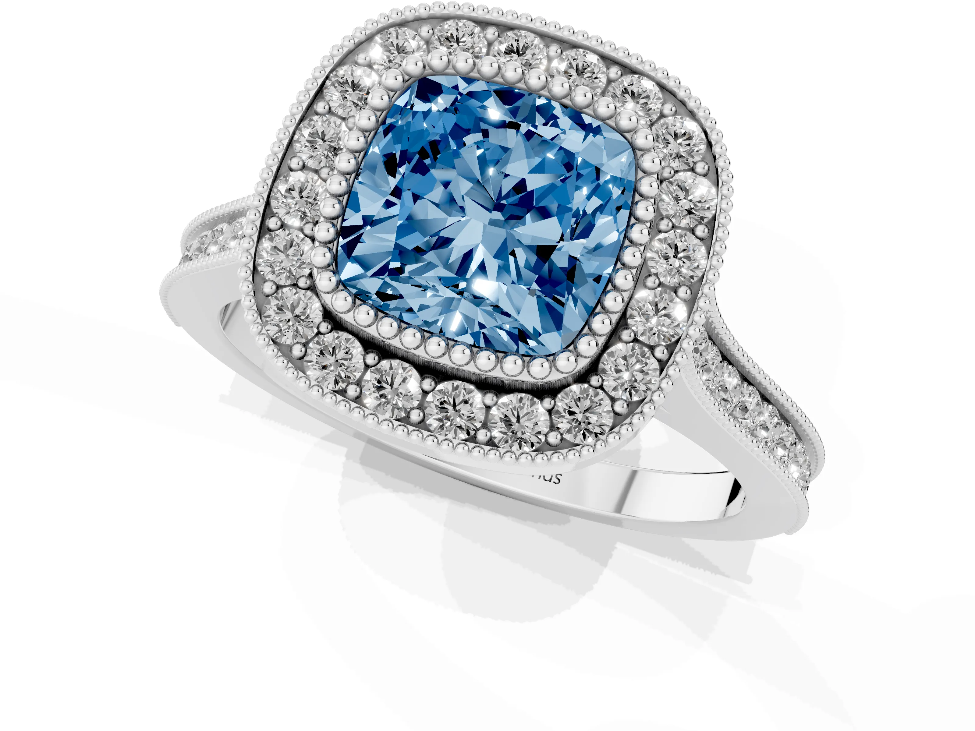 Fancy Blue Cushion Cut Diamond Halo Ring Set in Platinum with Milgrain Frame and Pavé Band