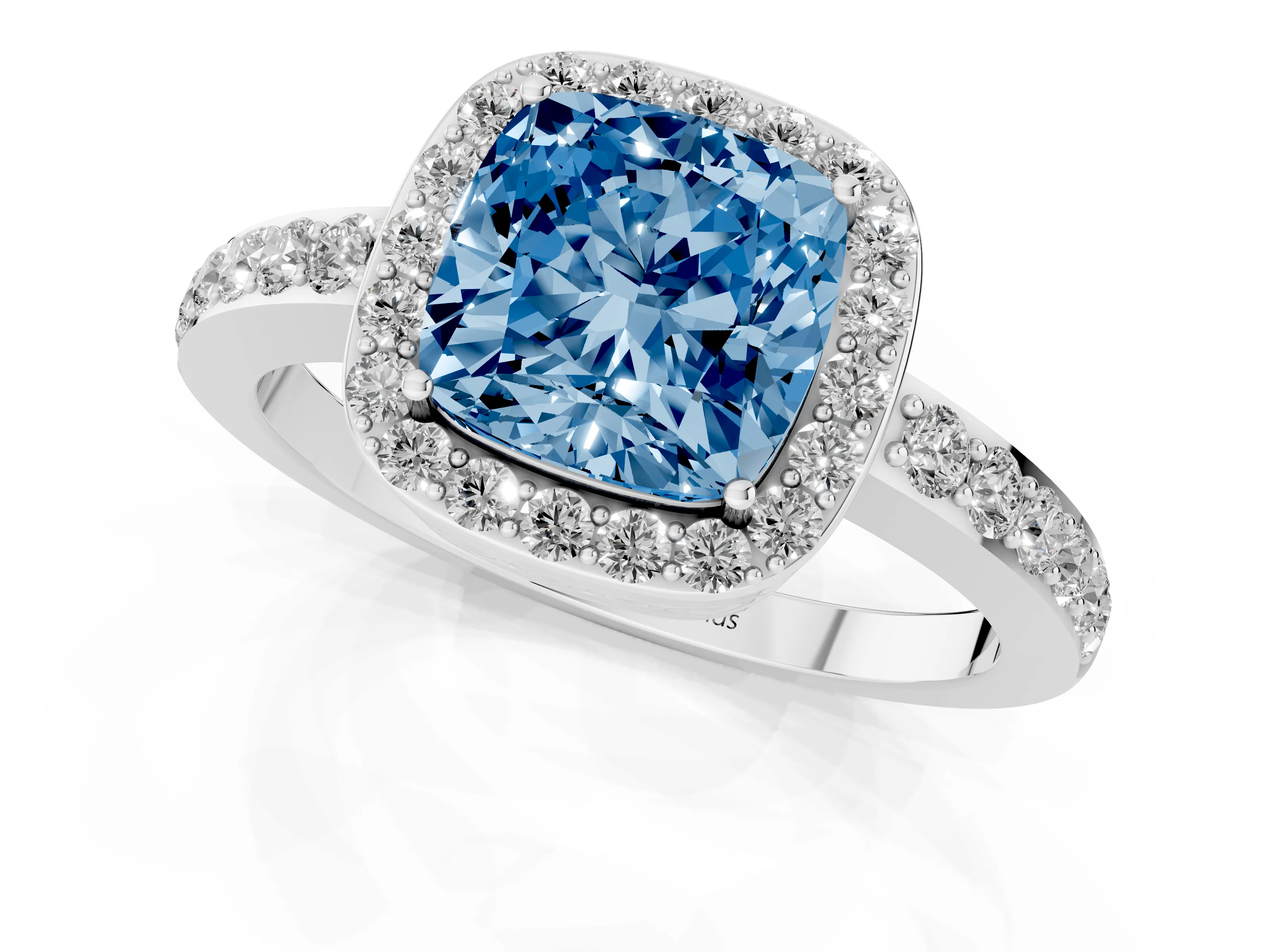 Fancy Blue Cushion Cut Diamond Halo Ring Set in Platinum with Pavé-Setting Band and Open Prong Center