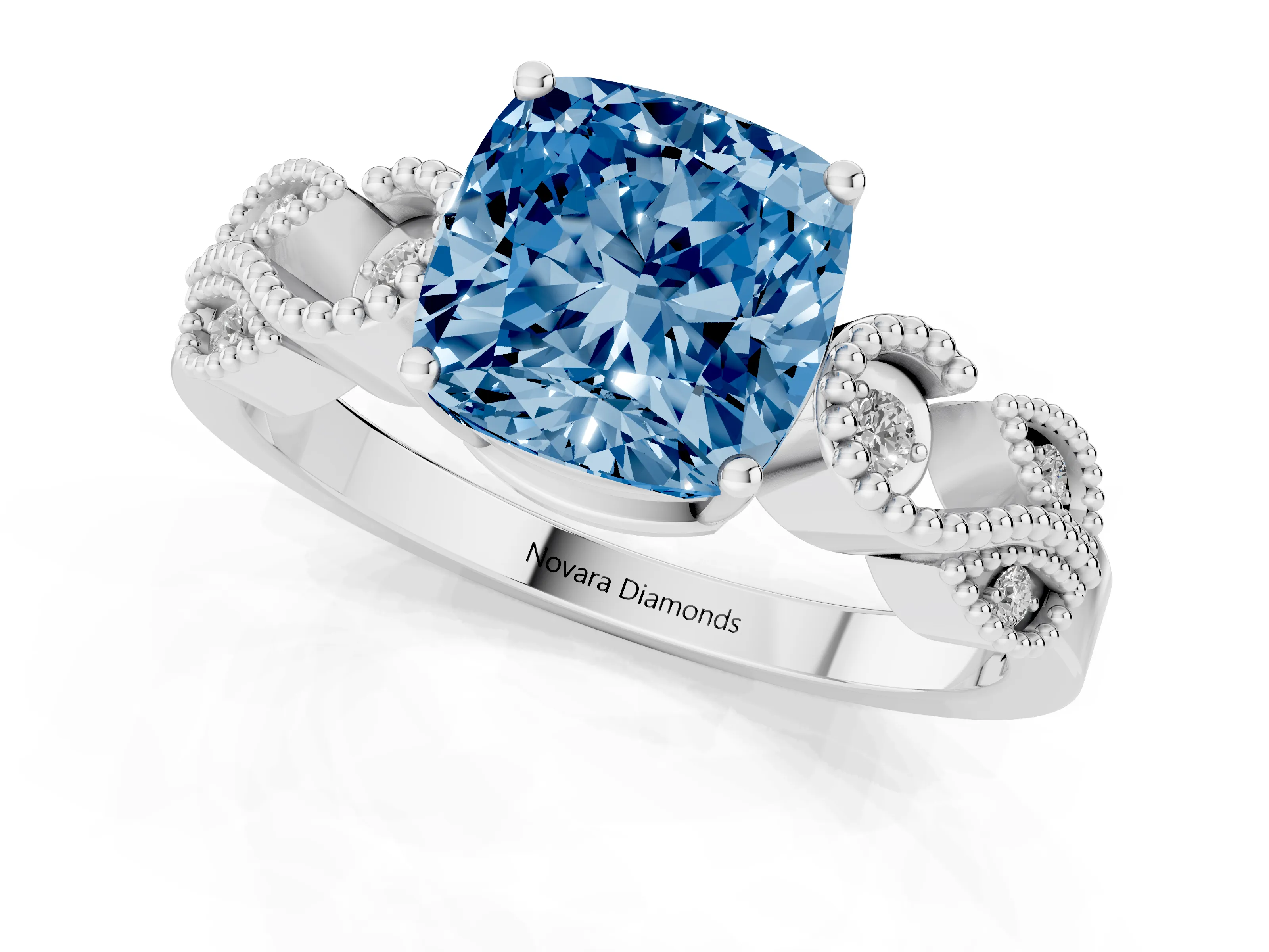 Fancy Blue Cushion Cut Diamond Milgrain Leaf Band Solitaire Ring Set in Silver with Accent Stones and Prong Setting